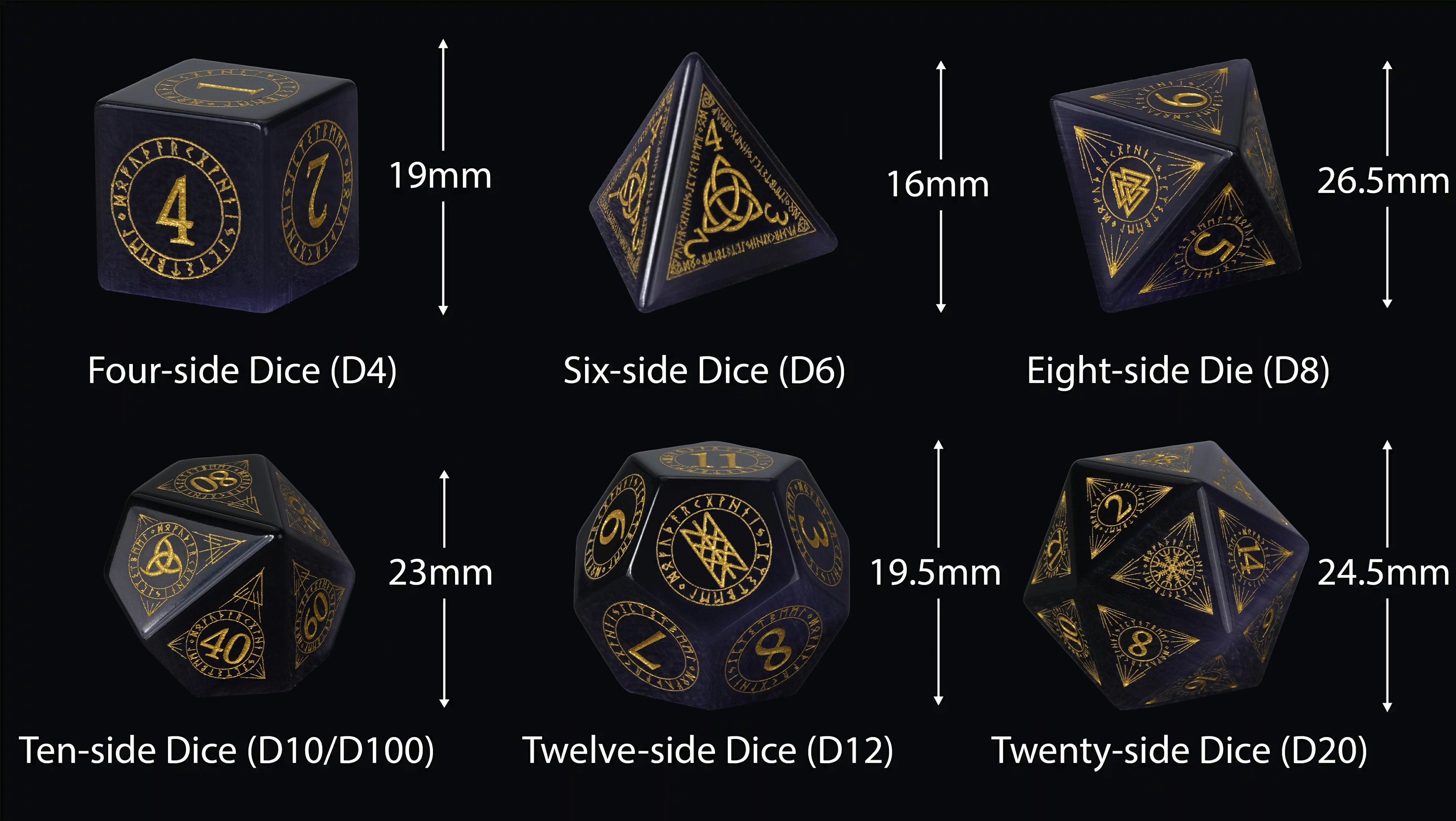 Amethyst DND Gemstone Dice Set with Gold Magical Runes