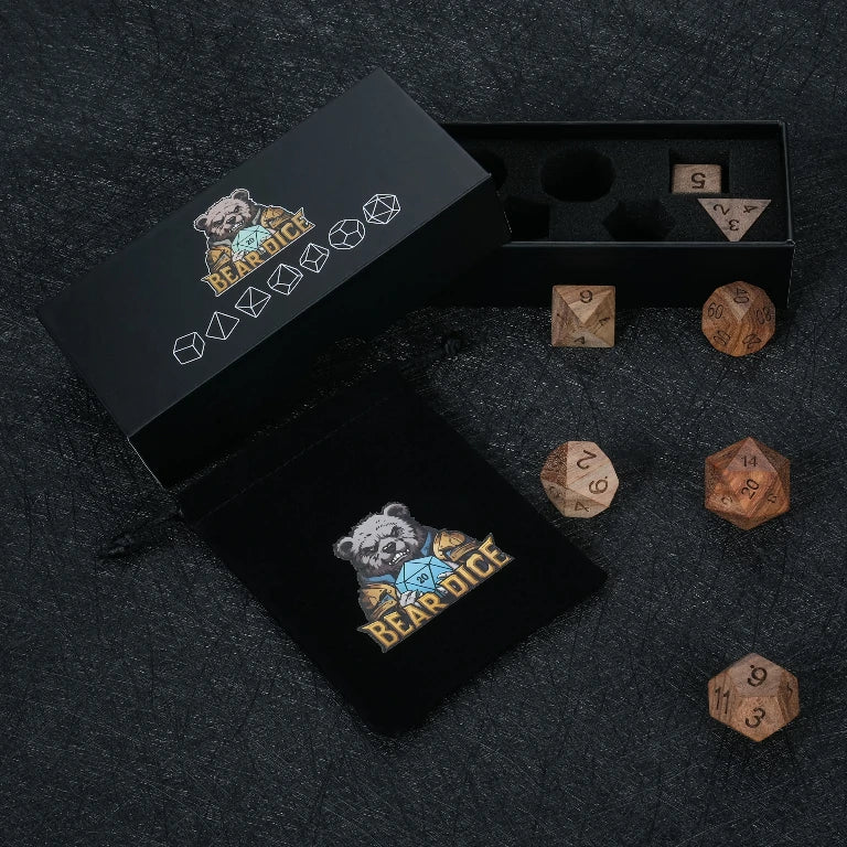 African Teak Dice Set (includes a black velvet drawstring pouch and a black dice box) | Bear Dice