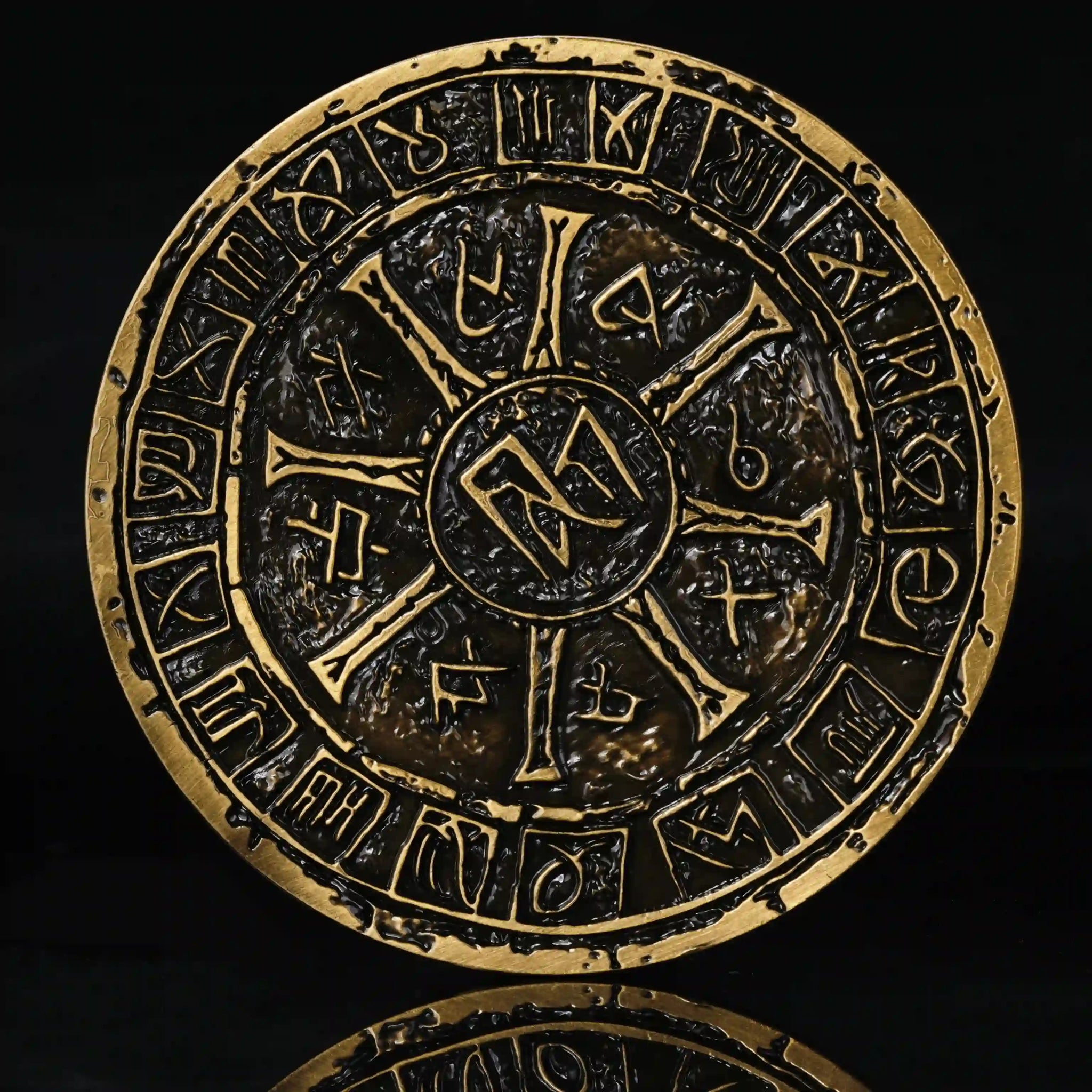 Unique Dice Spinner - Antique Gold 7-in-1 Metal 3D Embossed Dragon DND Spinner Reverse View: Engraved with Intricate Rune Arrays | Bear Dice