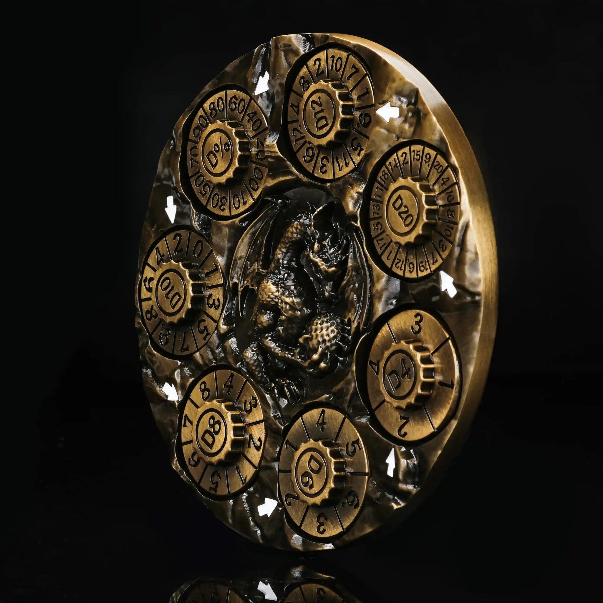 Unique Dice Spinner - Antique Gold 7-in-1 Metal 3D Embossed Dragon DND Spinner Side View | Bear Dice