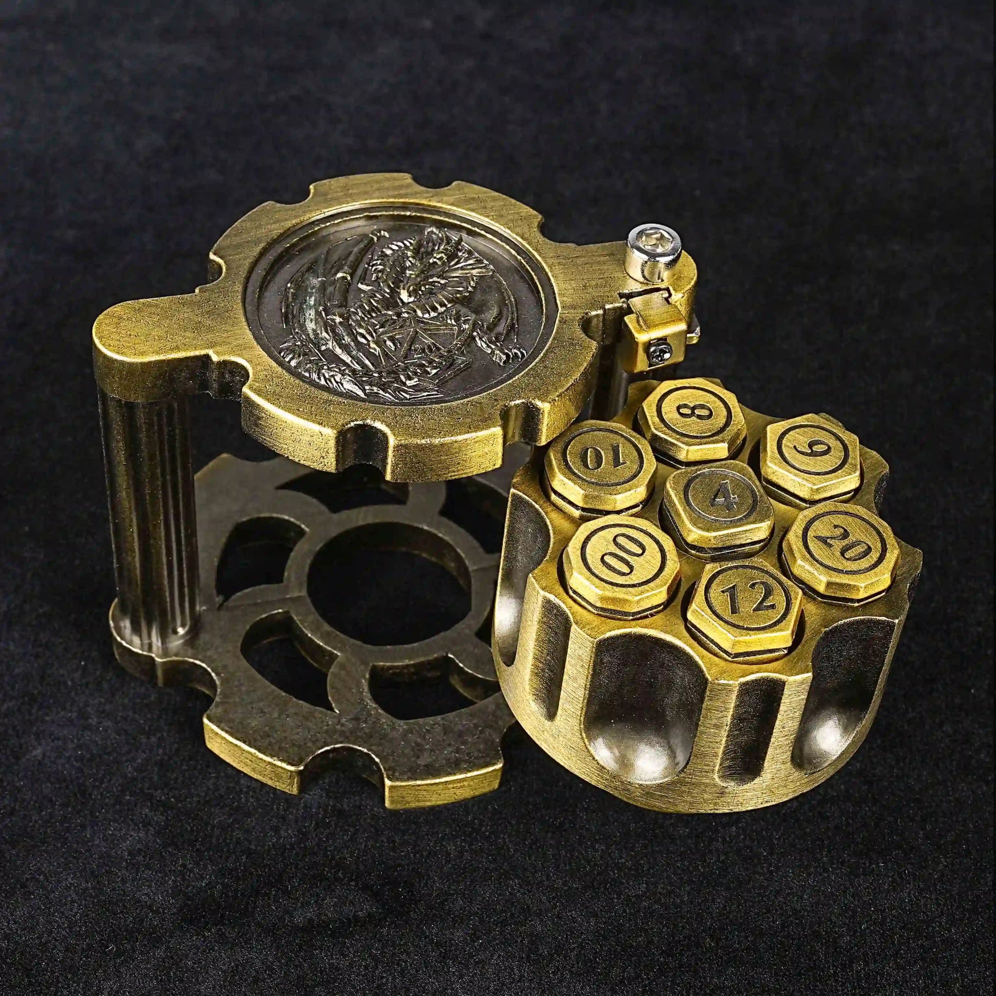 Unique DND Revolver Bullet Dice Set: Antique Gold Revolver Dice Rotating Magazine with 7 Antique Gold DND Bullet Dice | Bear Dice