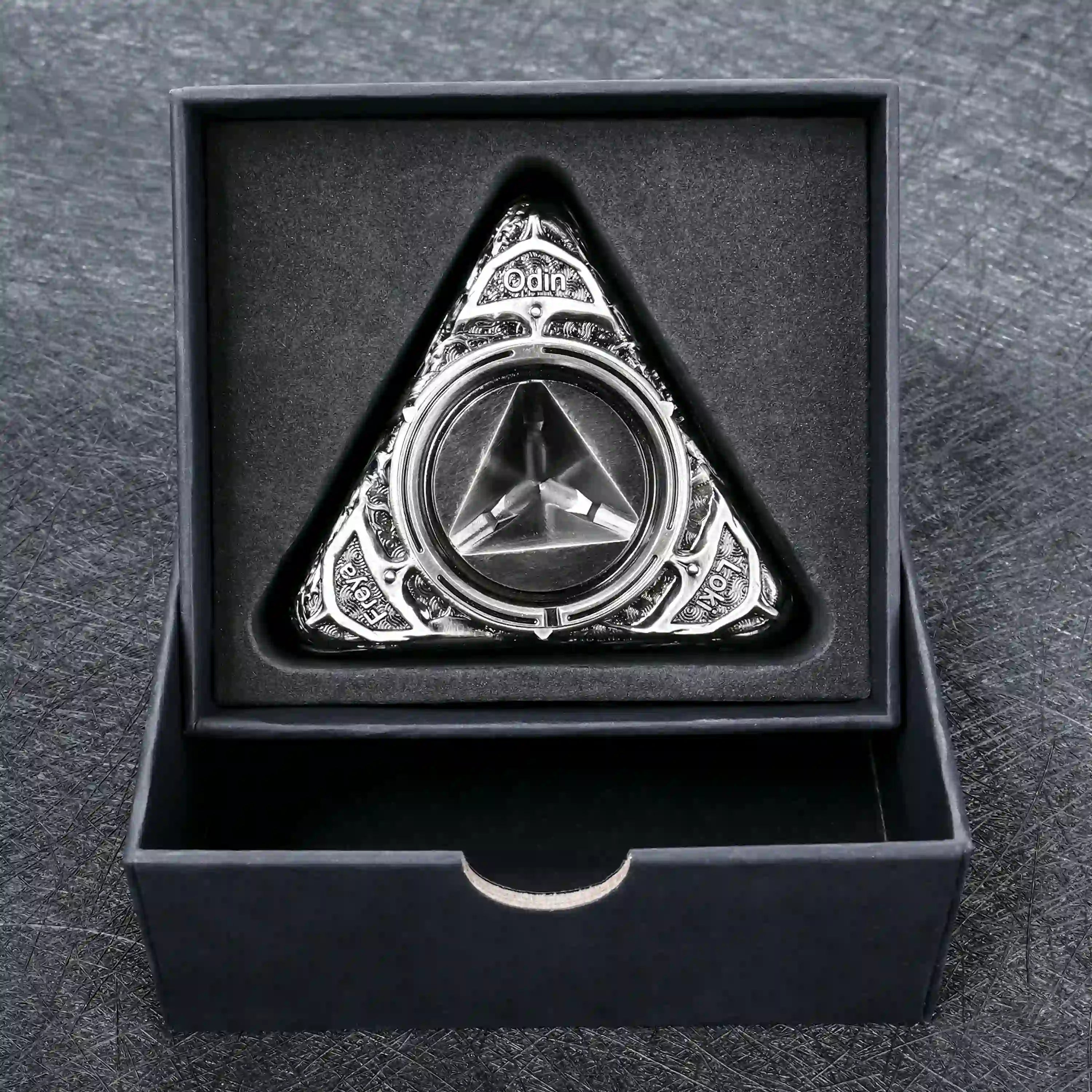 Antique Nickel Spinning Dice Base, D6 Spinning Dice Base Engraved with Loki, Odin, and Freya, with a Dice Case with a Foam Lining | Bear Dice