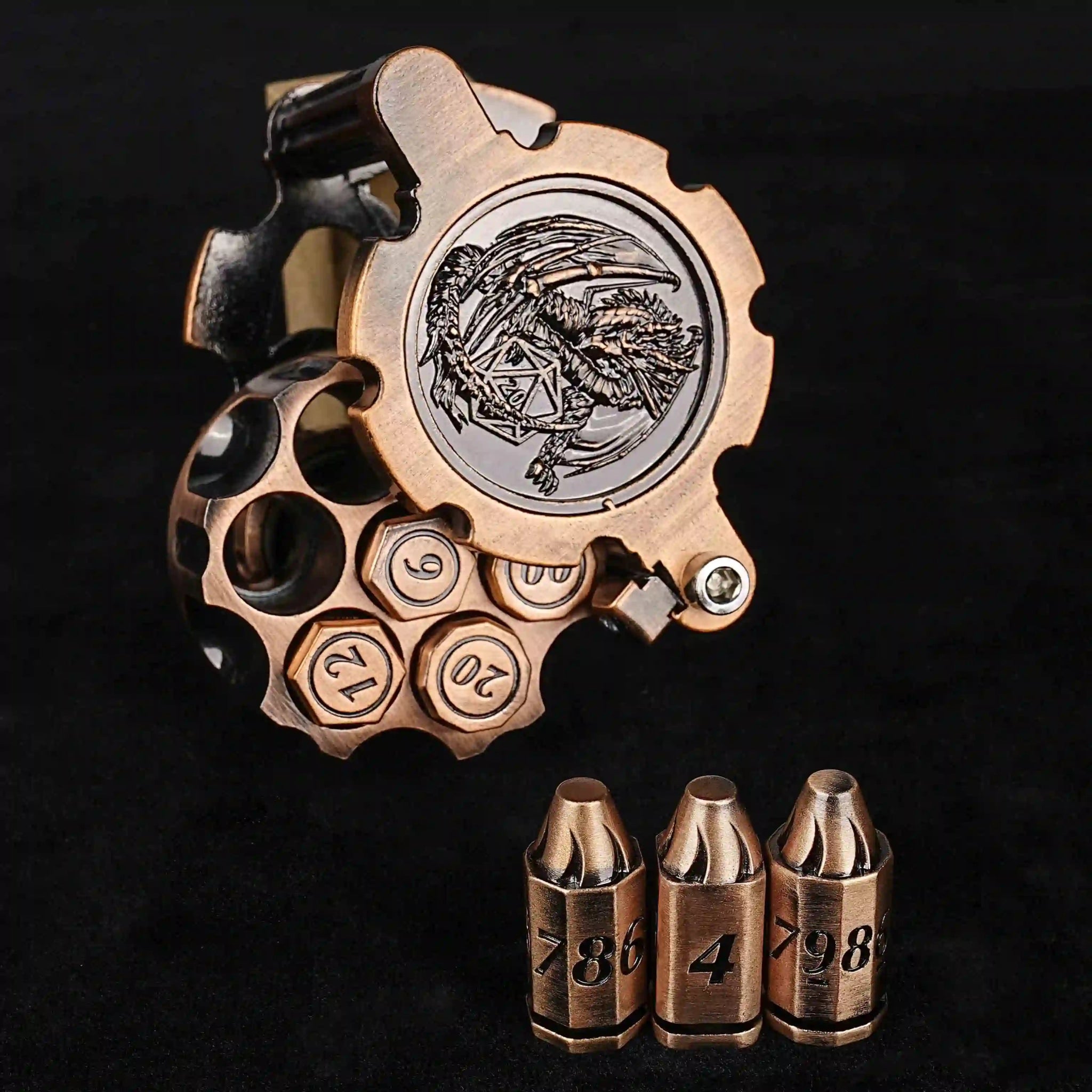 Unique DND Revolver Bullet Dice Set: Antique Red Copper Revolver Dice Rotary Magazine with 7 Antique Red Copper DND Bullet Dice | Bear Dice
