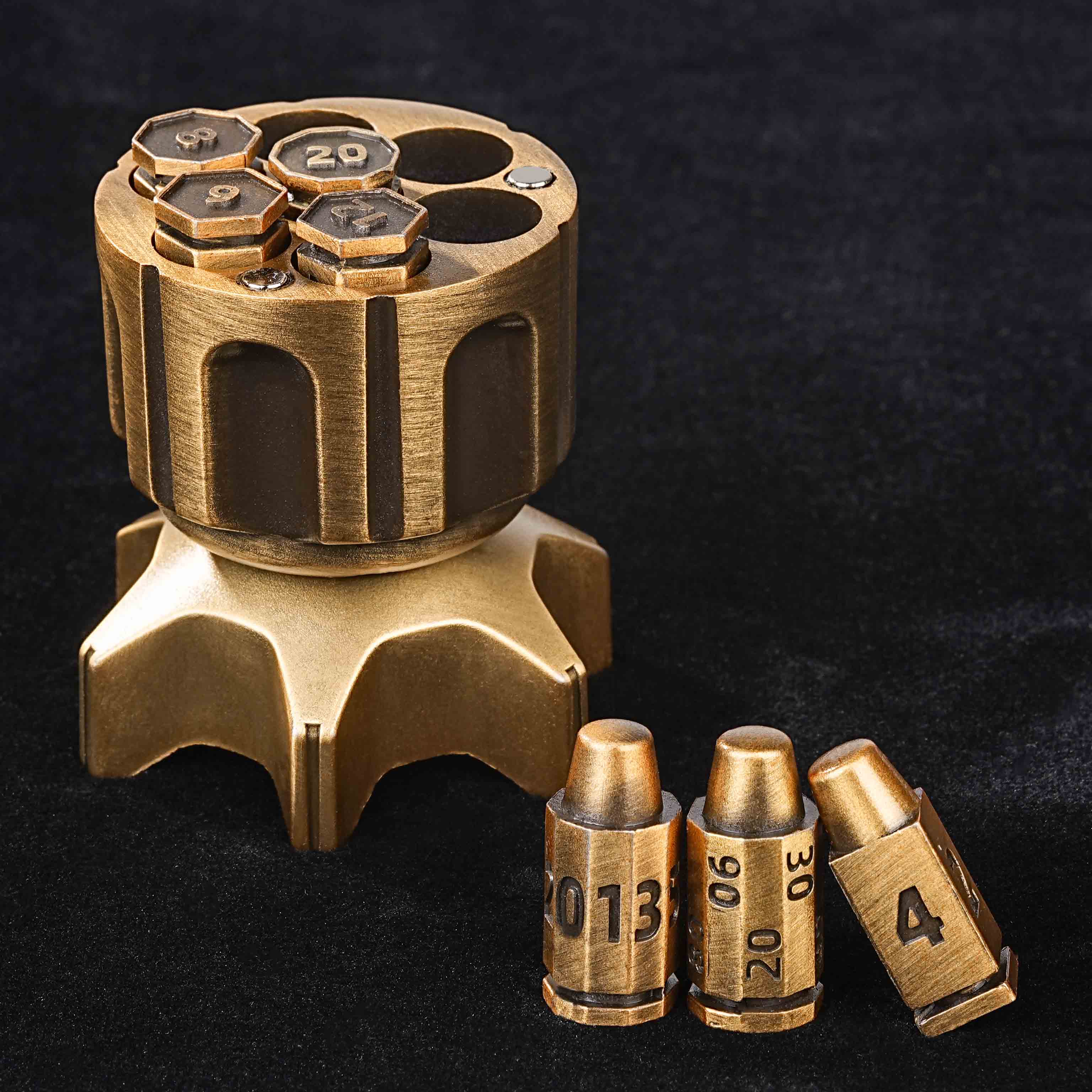 Cool Gold Rocket Launcher Dice Box + Unique Antique Gold Polyhedron DND Bullet Dice Set-D20 dice、D4 dice、D% dice | Bear Dice