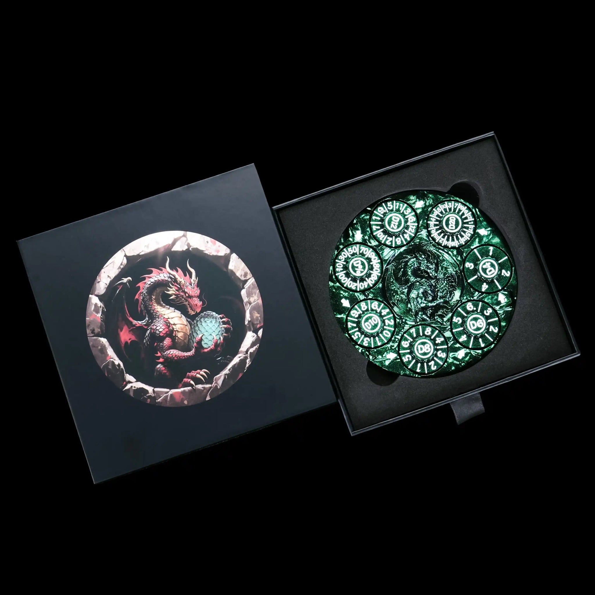 Unique Dice Spinner: Aurora Green 7-in-1 Metal 3D Embossed Dragon DND Spinner Dice, with a matching black dice case | Bear Dice