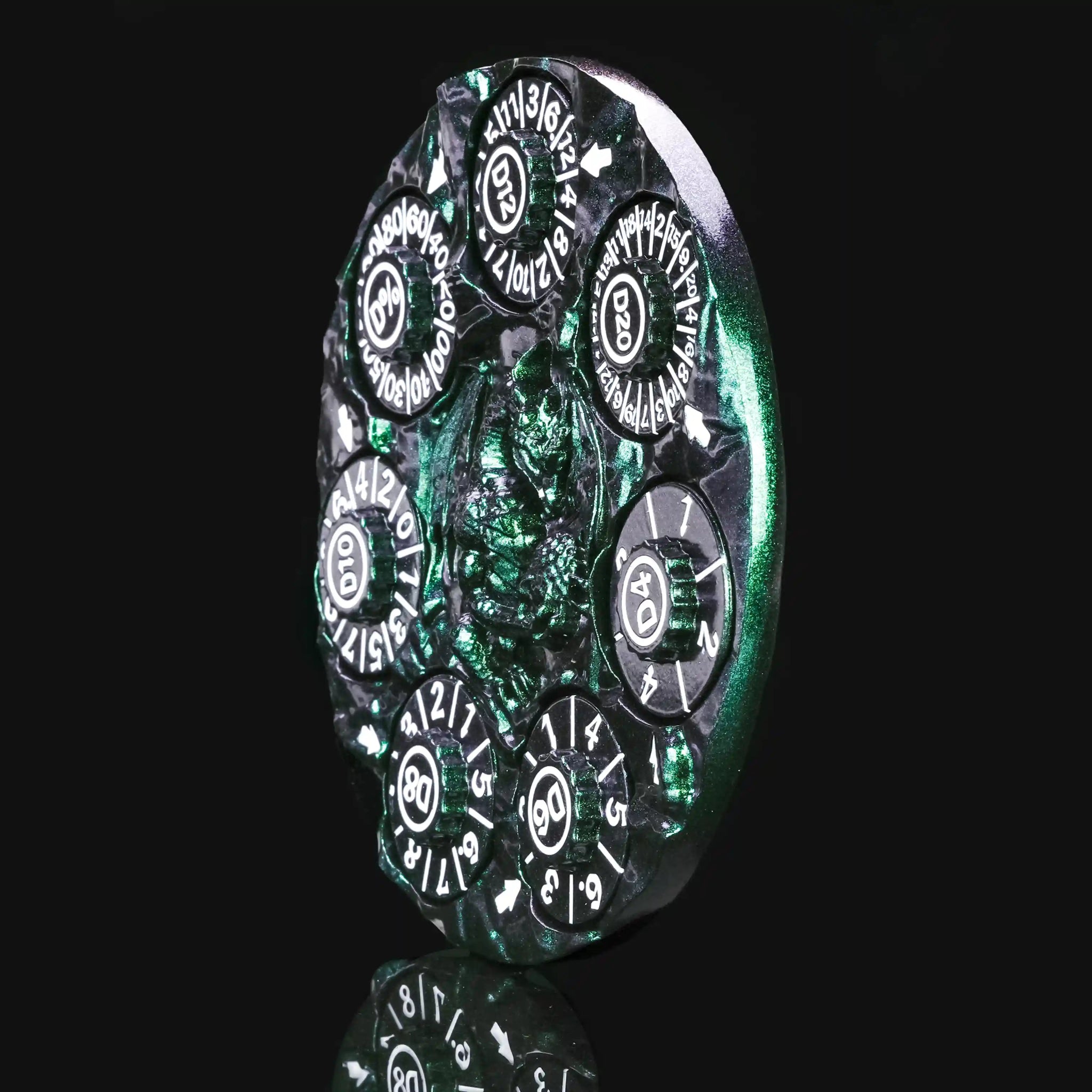 Unique Dice Spinner - Aurora Green 7-in-1 Metal 3D Embossed Dragon DND Spinner Side View | Bear Dice
