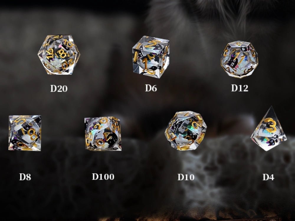 Cute, big-eyed black cat DND resin dice set with sharp edges and gold numbers (D4, D6, D8, D10, D12, D%, D20), round, colorful glitter liquid core | Bear dice