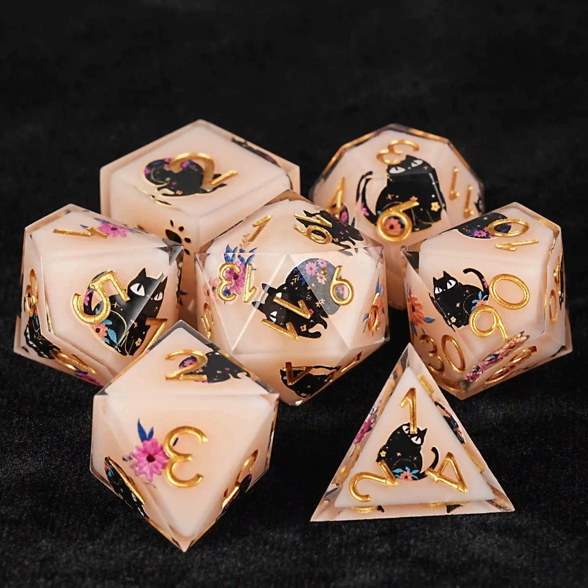 Handmade Black Cat Flower Orange Resin Sharp-Edged Dice Set with Gold Figures | Bear Dice