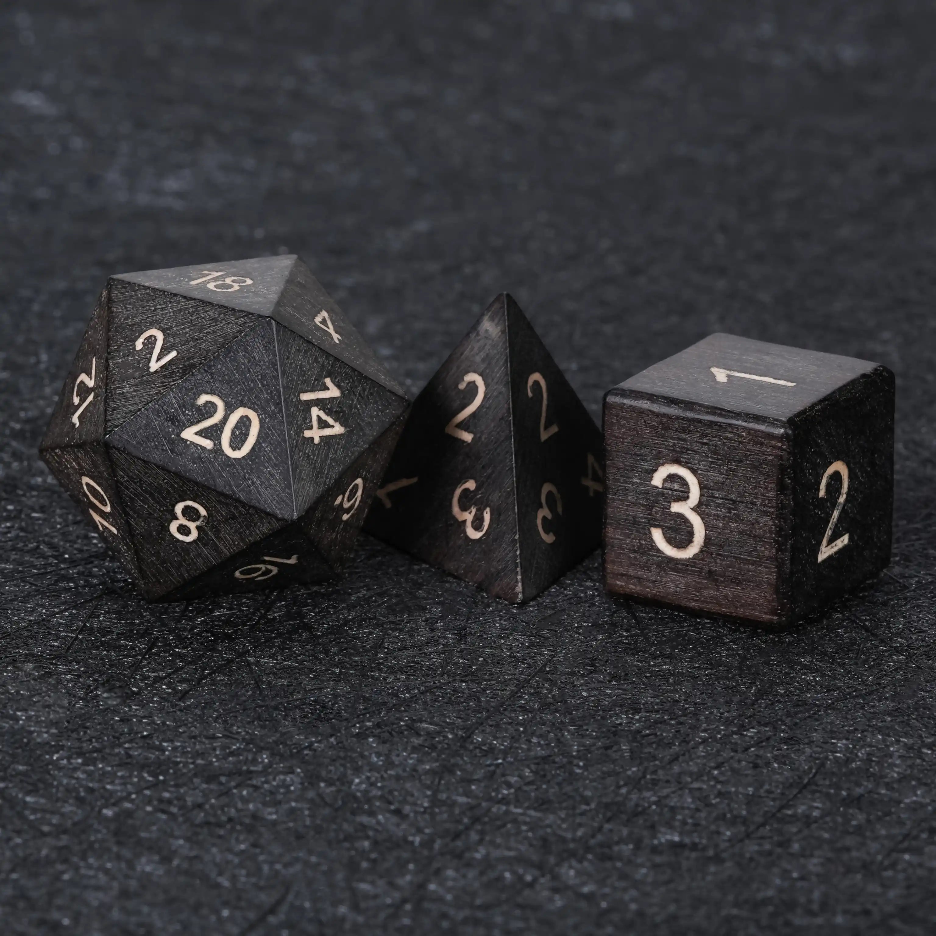 Black Ebony Wood D&D D20, D4, and D6 Dice with White Numbers | Bear Dice