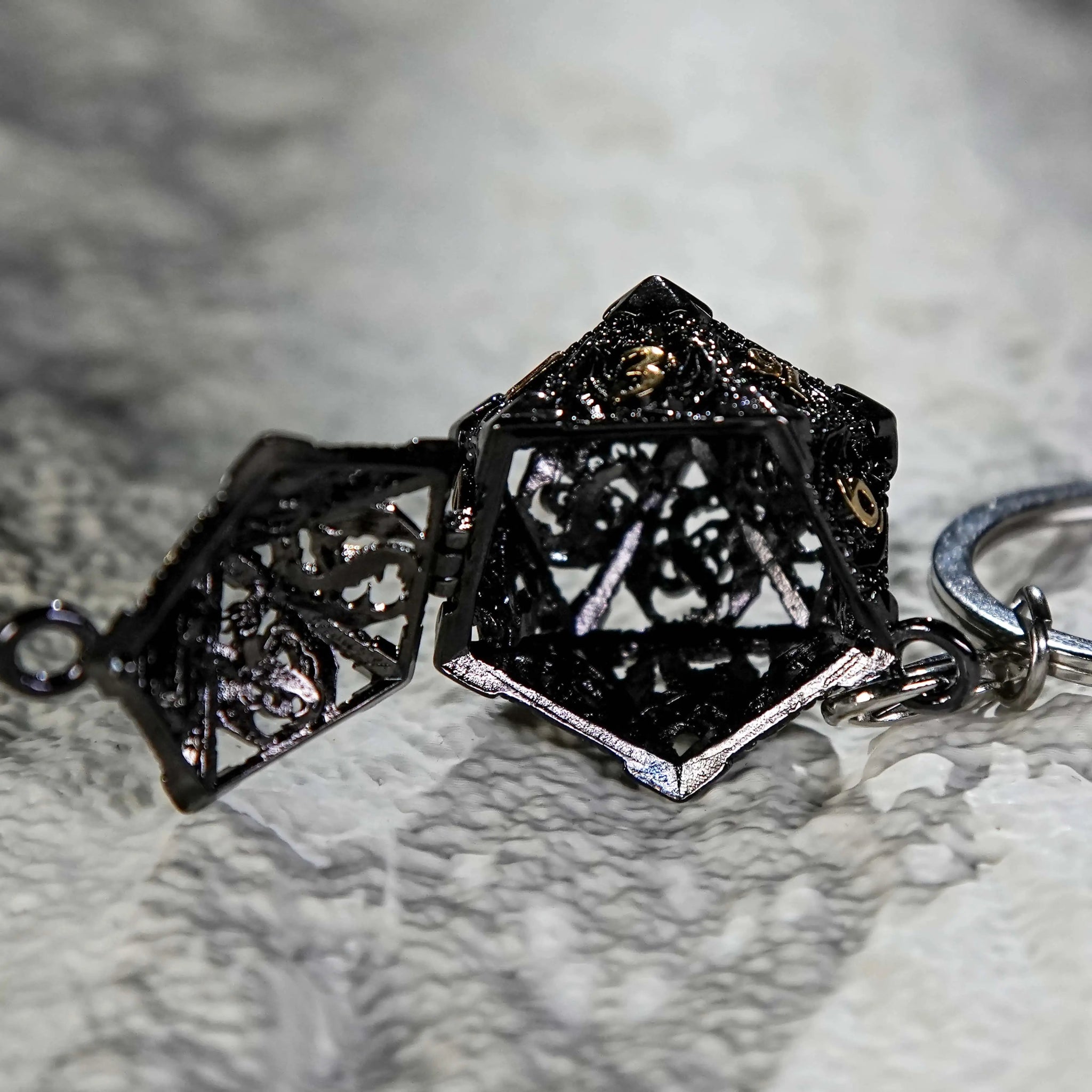 Black Metal Hollow D20 Dragon Dice Cage Keychain | Bear Dice