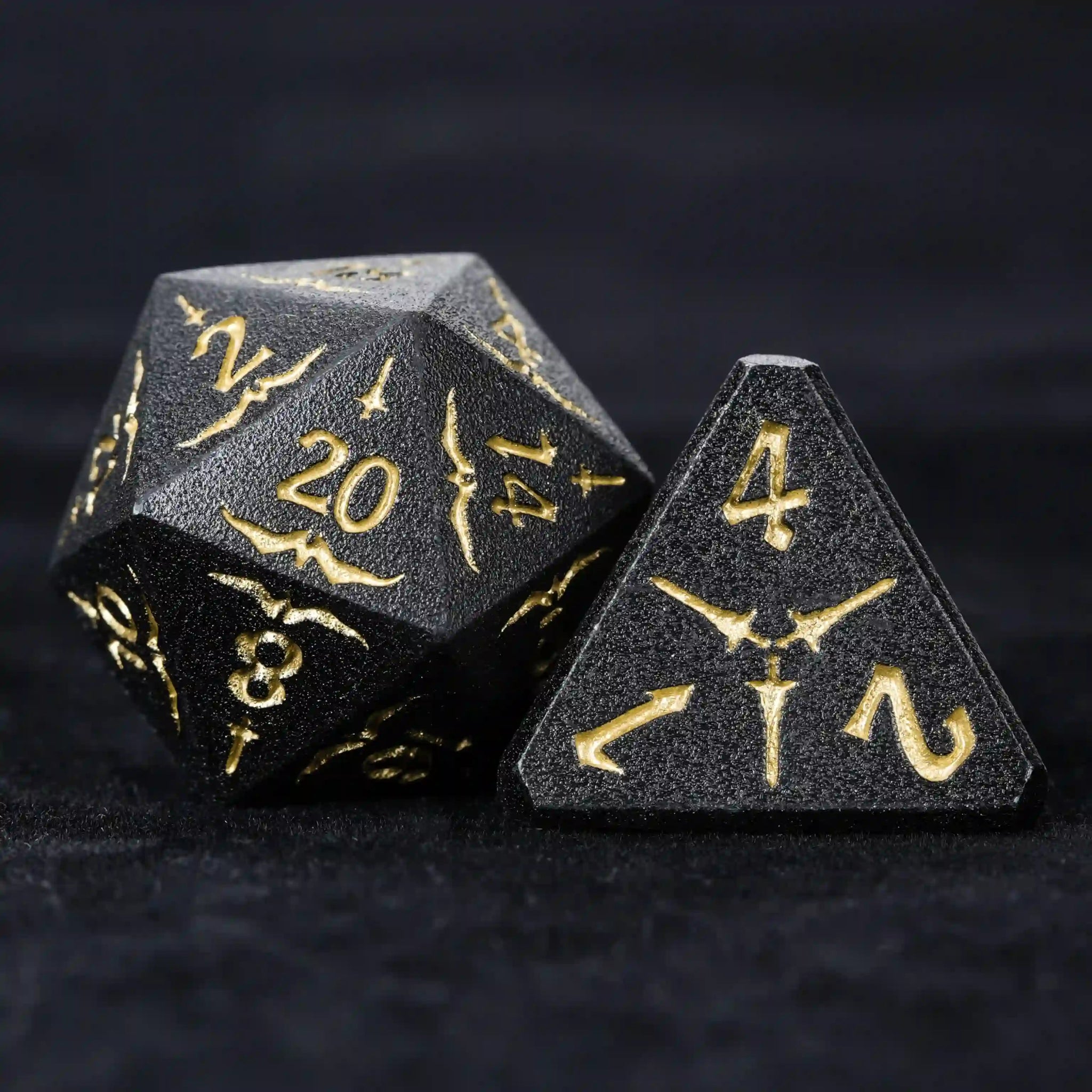 Black Metallic Eagle and Sword Series DND D20 and D4 Dice, Gold Numbers | Bear Dice