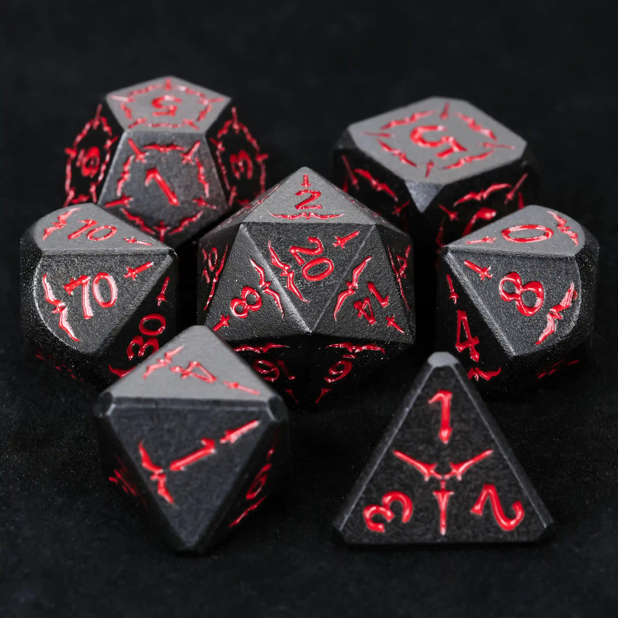 Black Metallic Eagle and Sword Series DND Dice Set, Red Numbers | Bear Dice