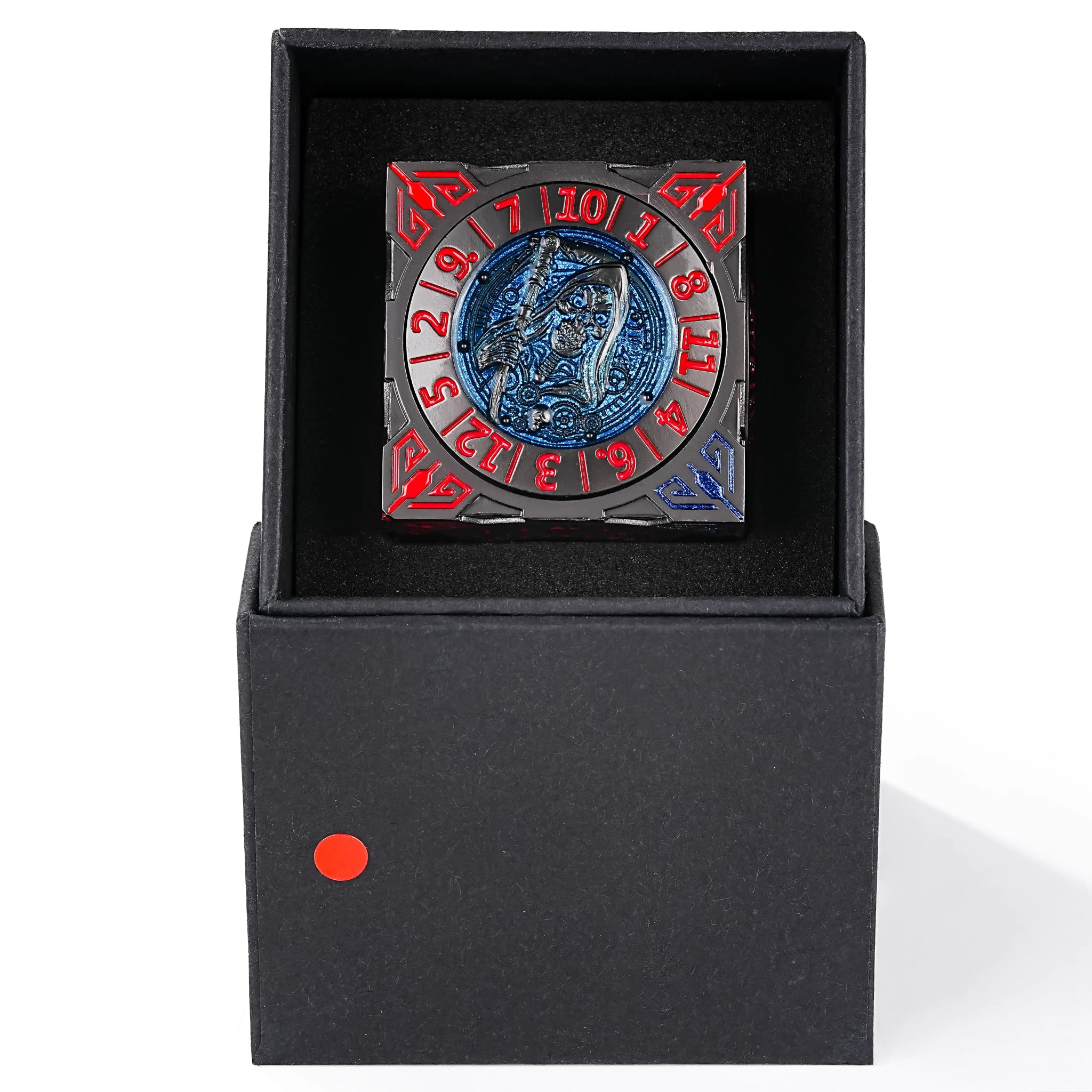 Cool Tabletop Gaming Spinner Die: Black Nickel & Red Solid Metal DND 6-Sided Spinner Dice with Black Dice Box | Bear Dice