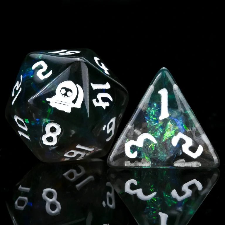 Kickstarter Trickster Dice - Black Resin Death & DND D20 and D4 Dice, White Numbers | Bear Dice