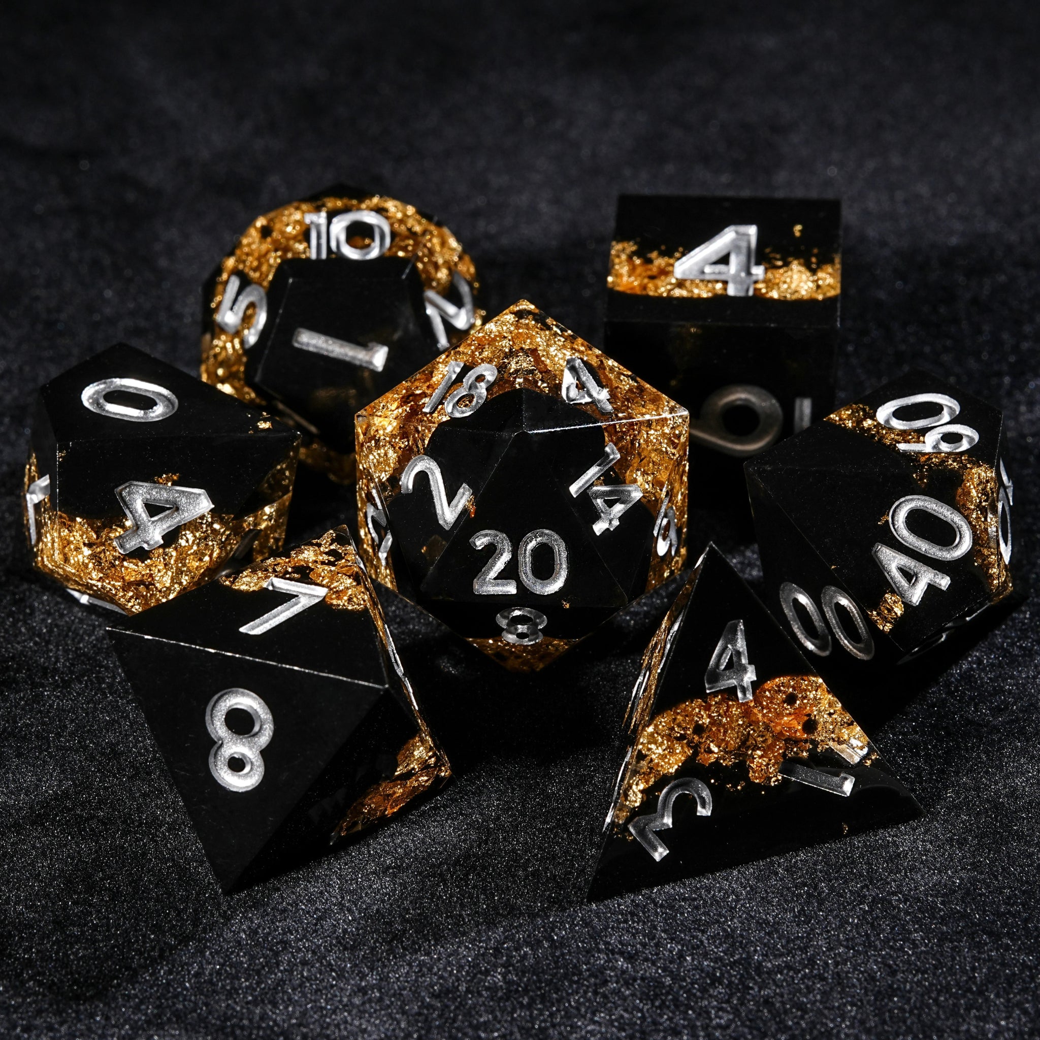 Black gold Galaxy resin DND dice set with silver engraved numbers | Bear Dice