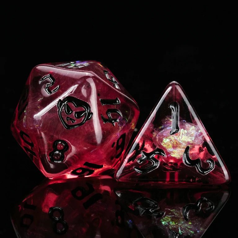 Kickstarter Trickster Dice - Black and red resin vampire DND D20 and D4 dice, black numbers | Bear Dice