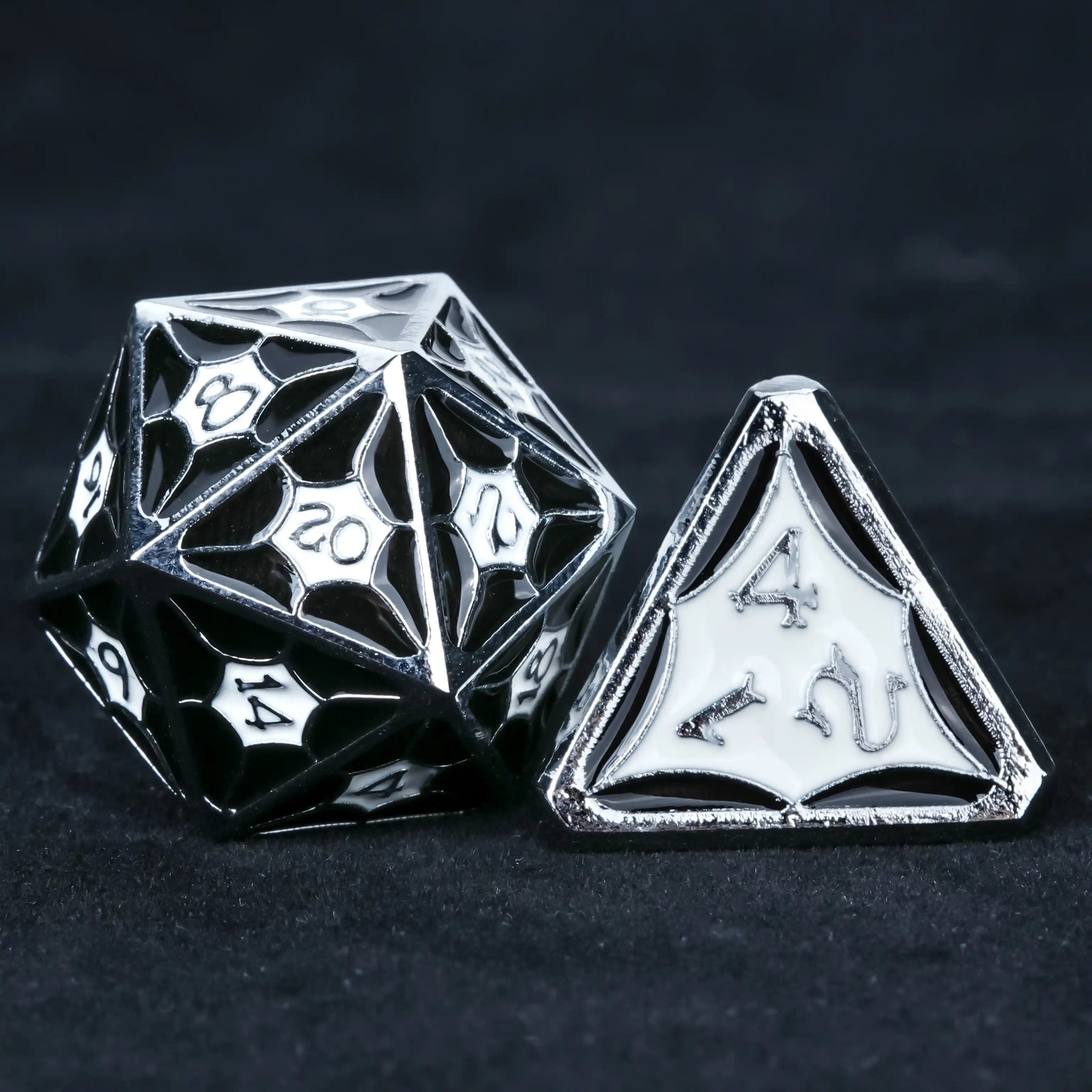 Black and white metallic DND D20 and D4 dice from the StarCraft series | Bear Dice