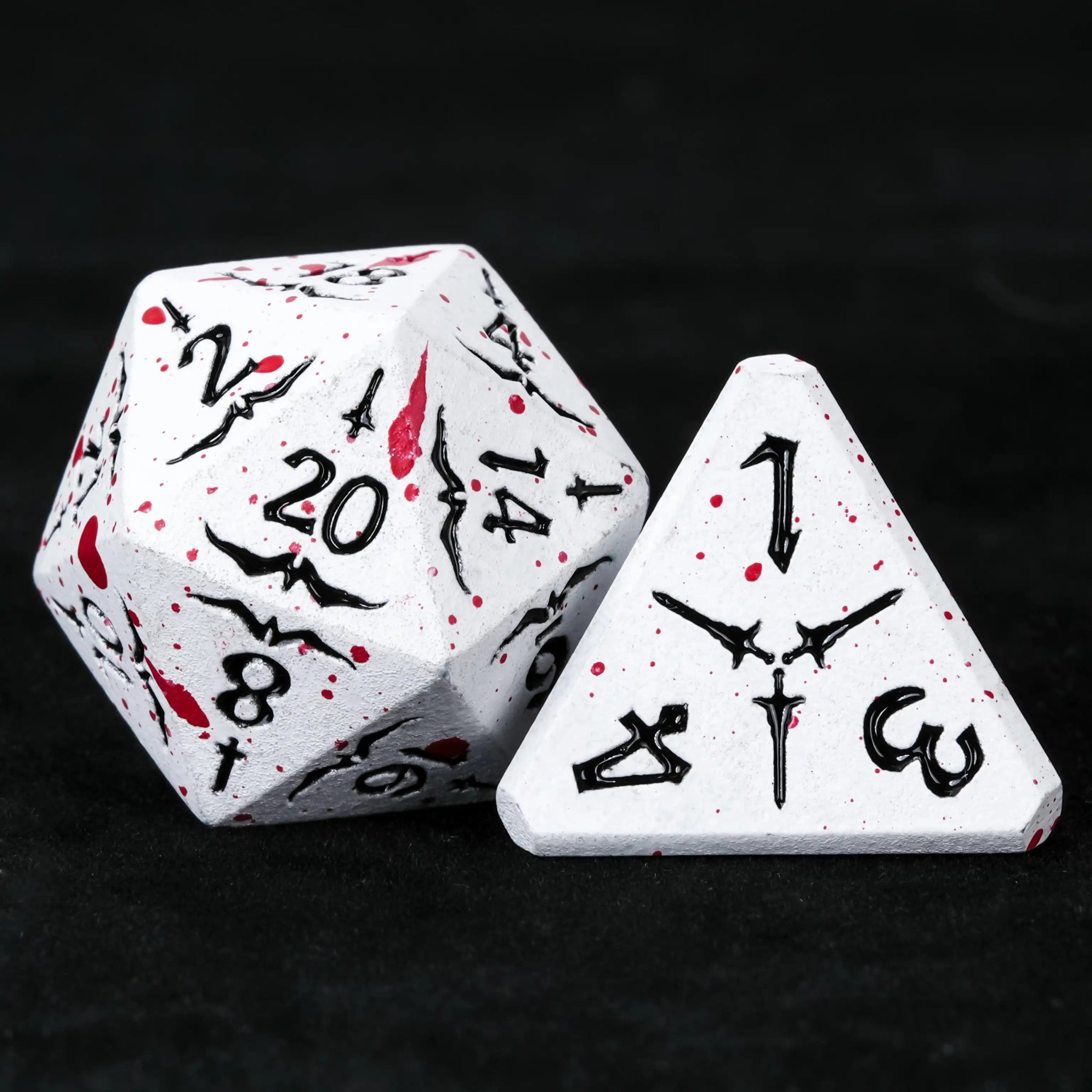 Bloodstained White Metallic Flat-Horned Eagle and Sword Series DND D20 and D4 Dice, Black Numbers | Bear Dice