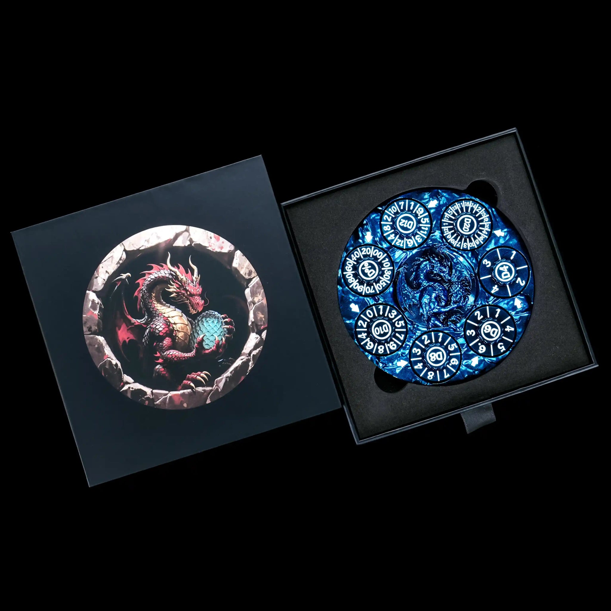 Unique Dice Spinner: Blue 7-in-1 Metal 3D Embossed Dragon DND Spinner Dice, comes with a dedicated black dice case | Bear Dice