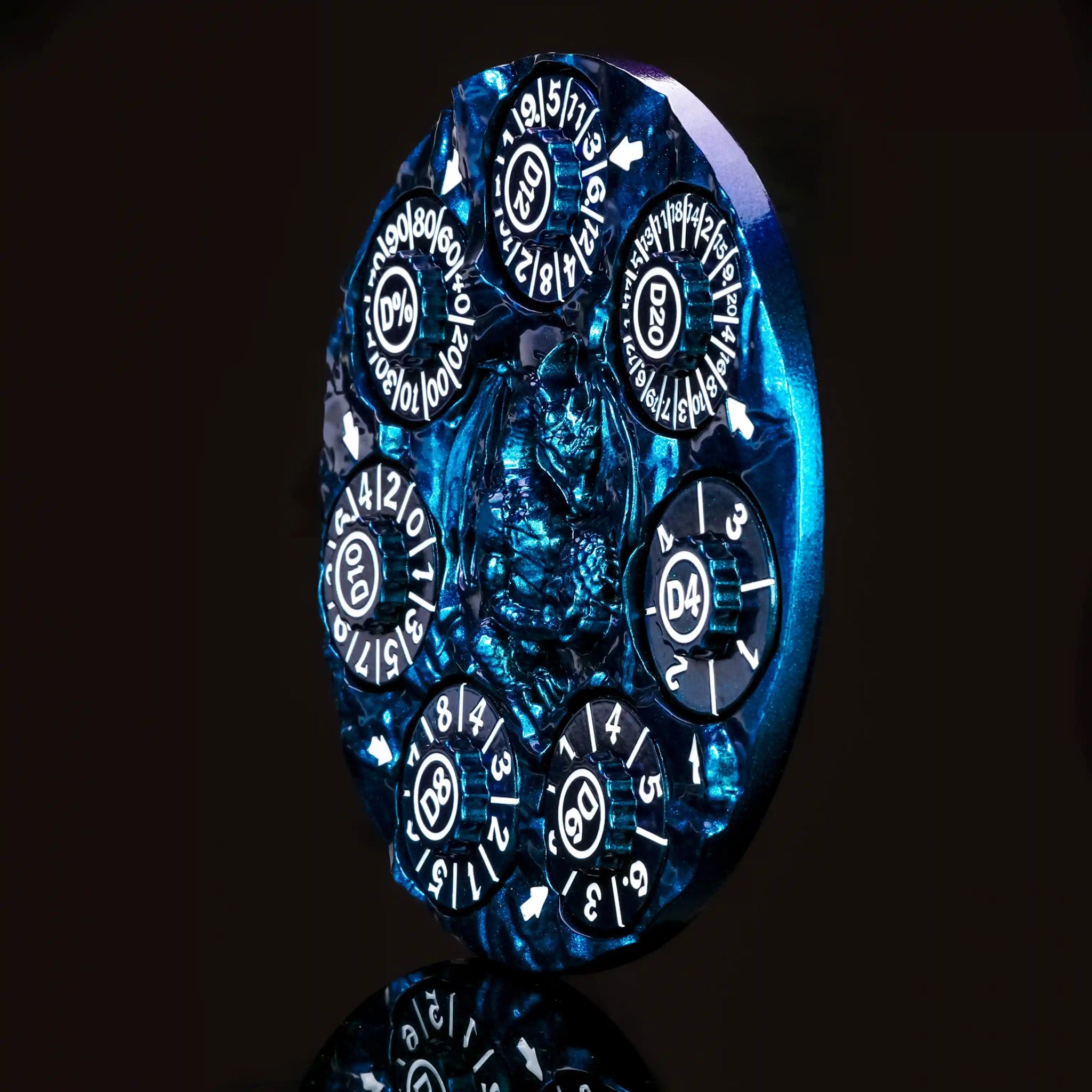 Unique Dice Spinner - Blue 7-in-1 Metal 3D Embossed Dragon DND Spinner Side View | Bear Dice