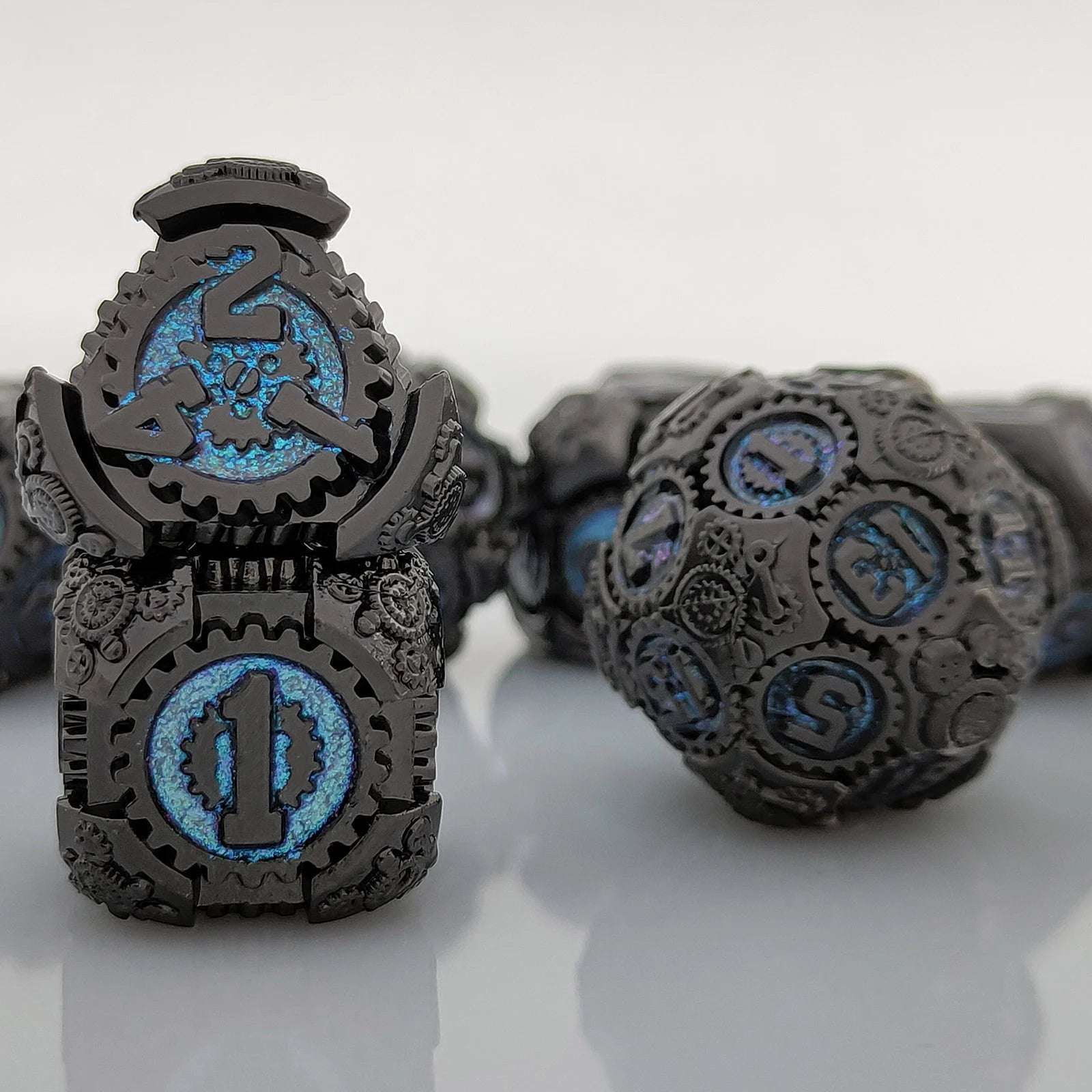 Steampunk Blue Fluorescent Black Gear Metal DND D4, D6, and D20 Dice | Bear Dice