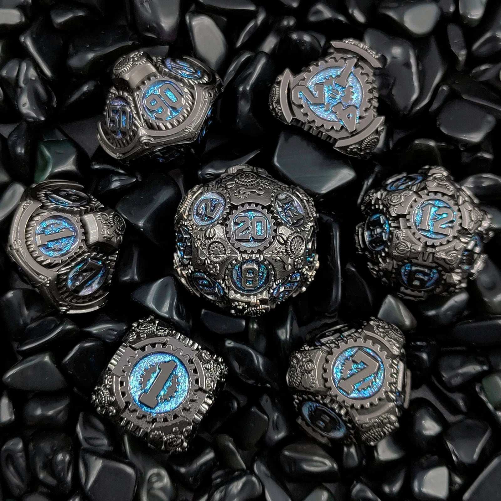 Steampunk Blue Fluorescent Black Gear Metal DND Dice Set | Bear Dice