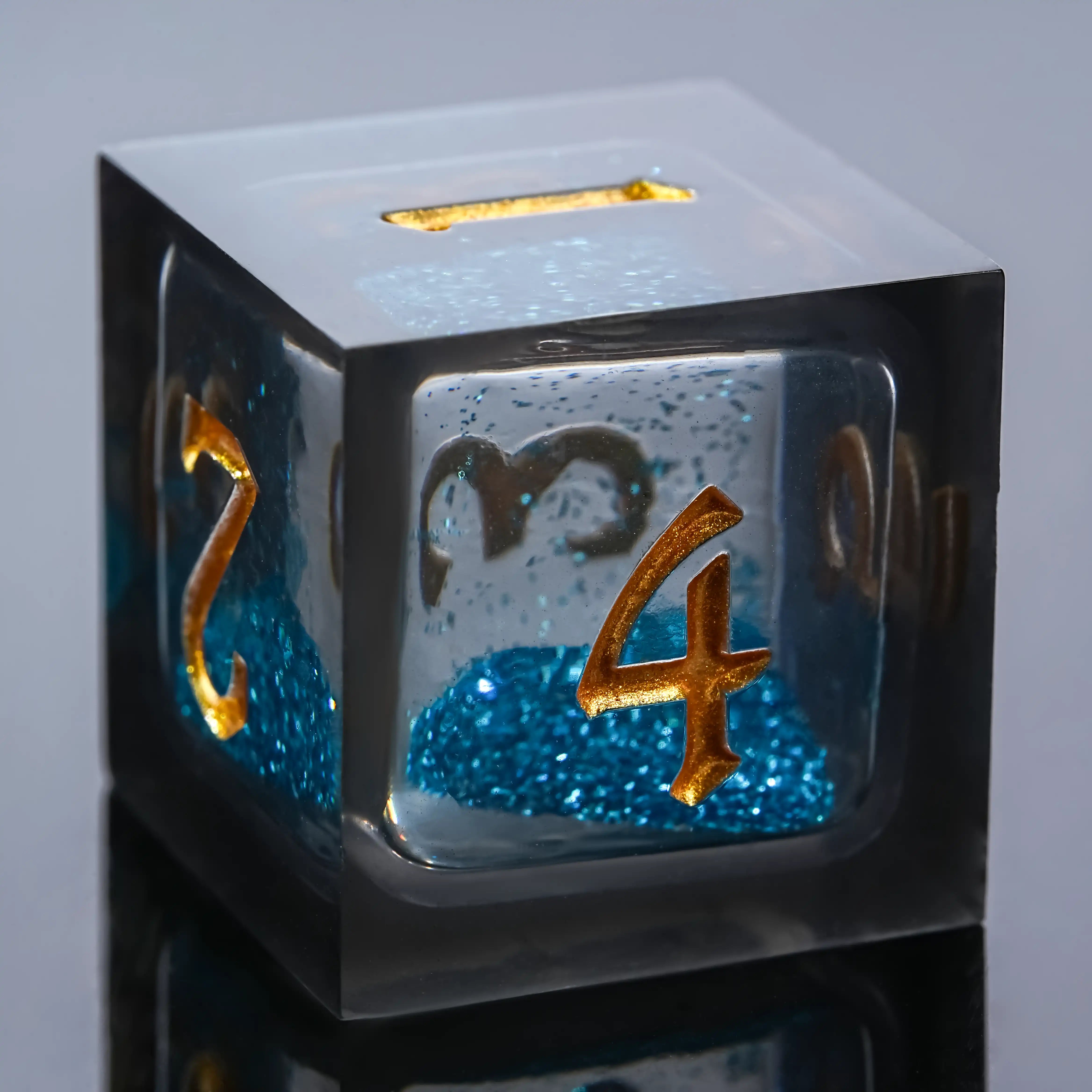 Kickstarter Dice - Blue Liquid Core Resin DND D6 Dice with Engraved Gold Numbers | Bear Dice