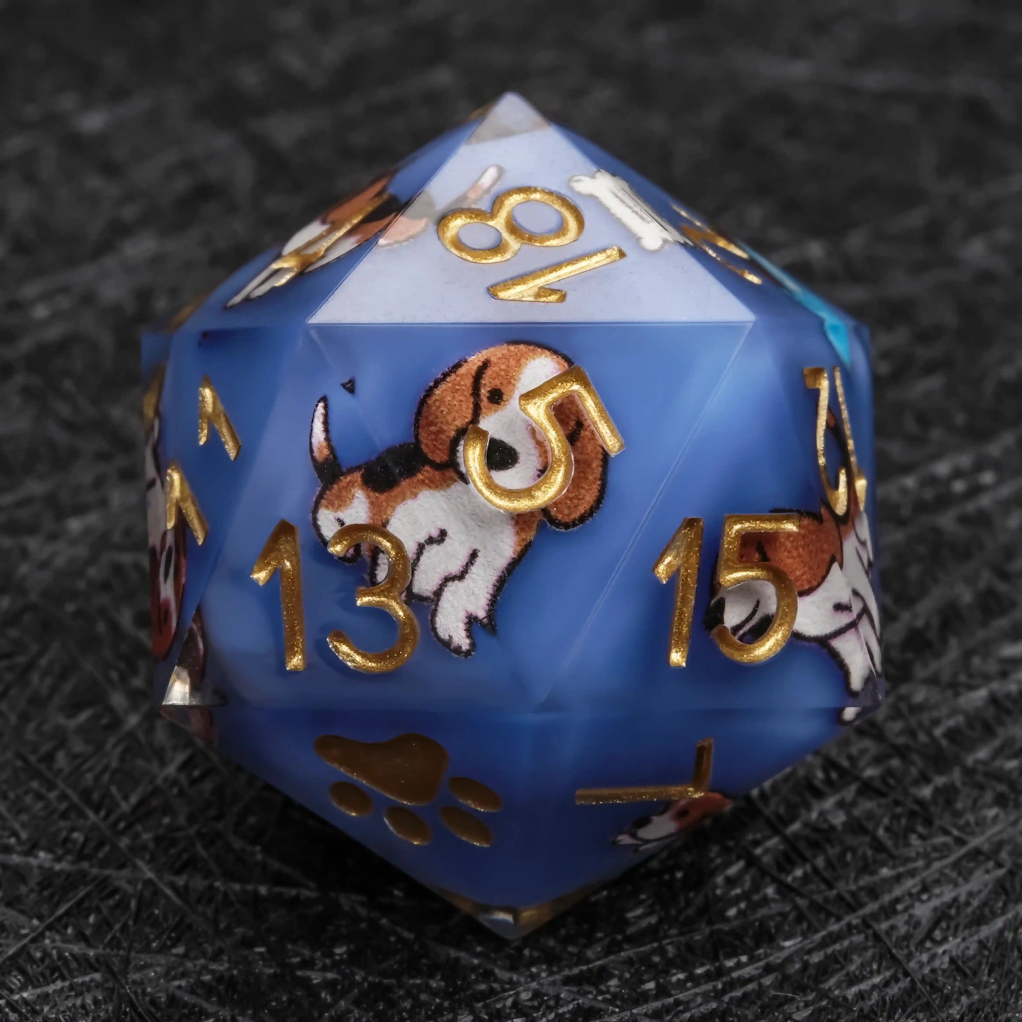 Kickstarter Dice – Blue Resin Beagle DND D20 Dice with Gold Numbers | Bear Dice