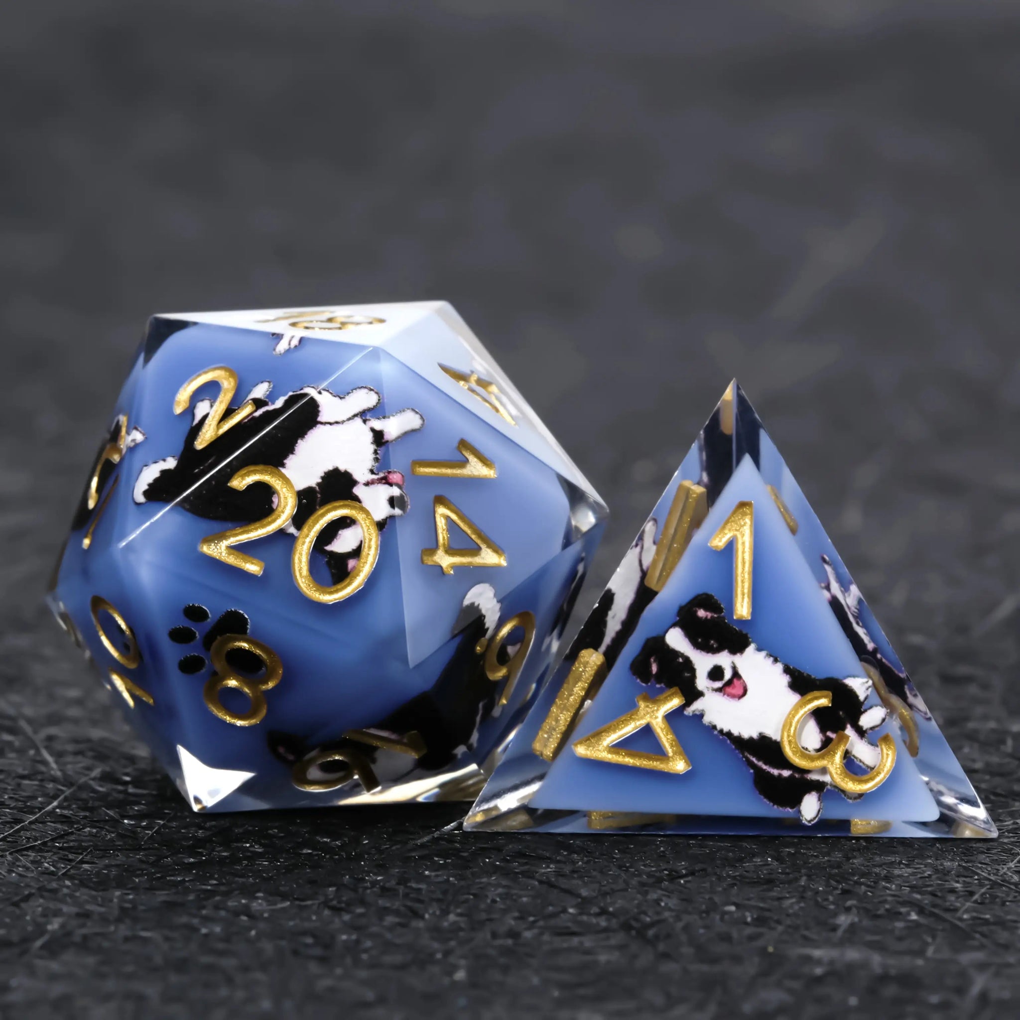 Kickstarter Dice – Blue Resin Border Collie DND D20 and D4 Dice | Bear Dice