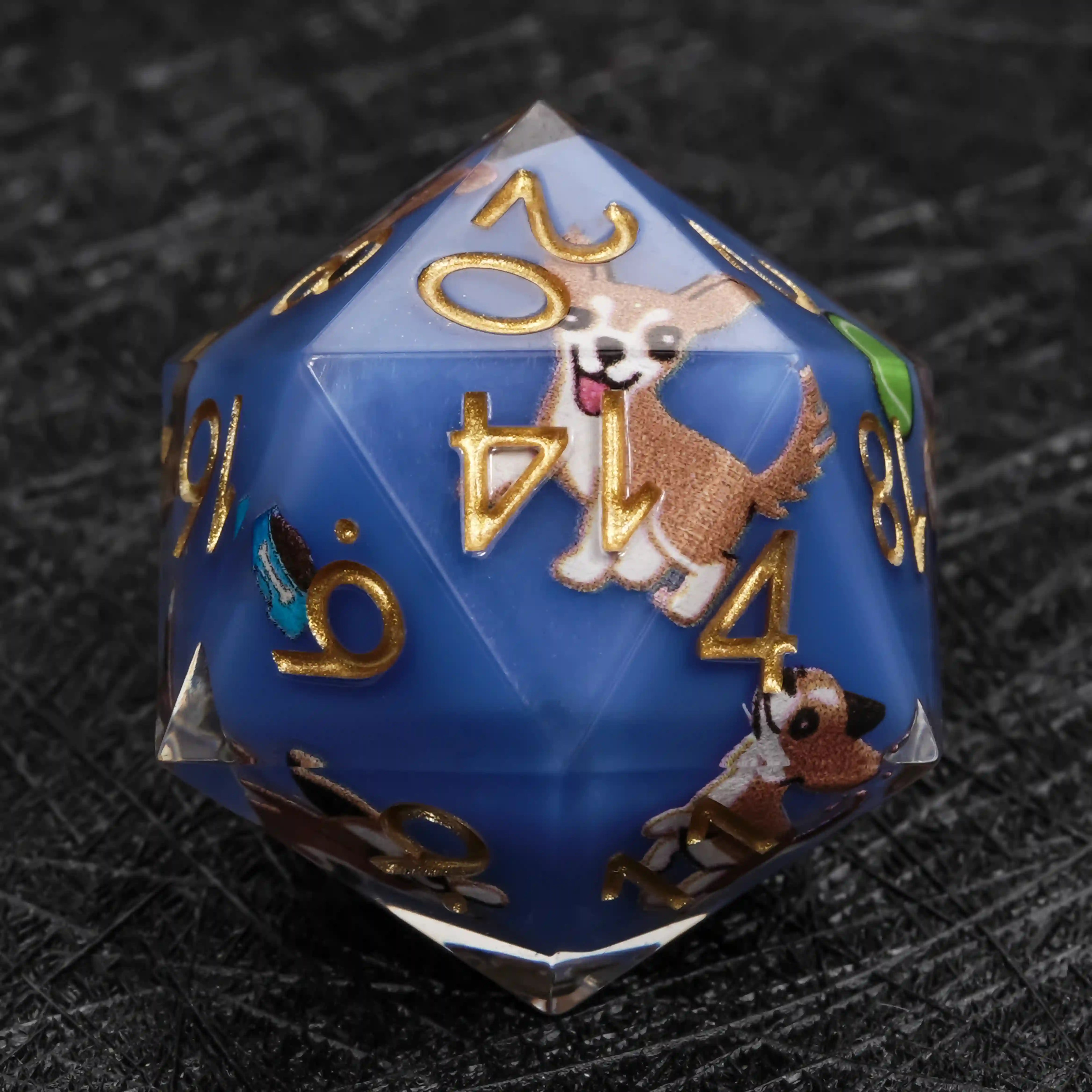Kickstarter Dice – Blue Resin Chihuahua DND D20 Dice with Gold Numbers | Bear Dice