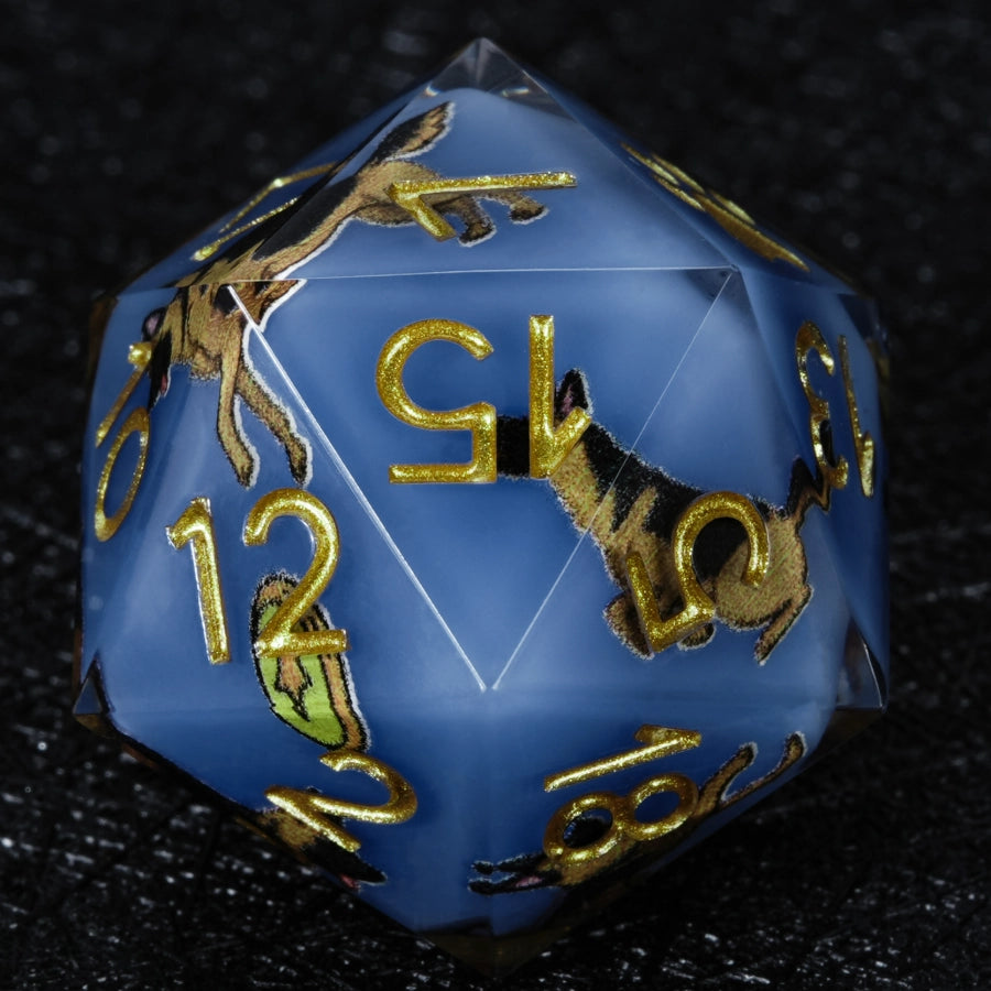 Kickstarter Dice – Handcrafted Sharp-Edged Blue Resin German Shepherd DND D20 Dice with Gold Paw Prints | Bear Dice