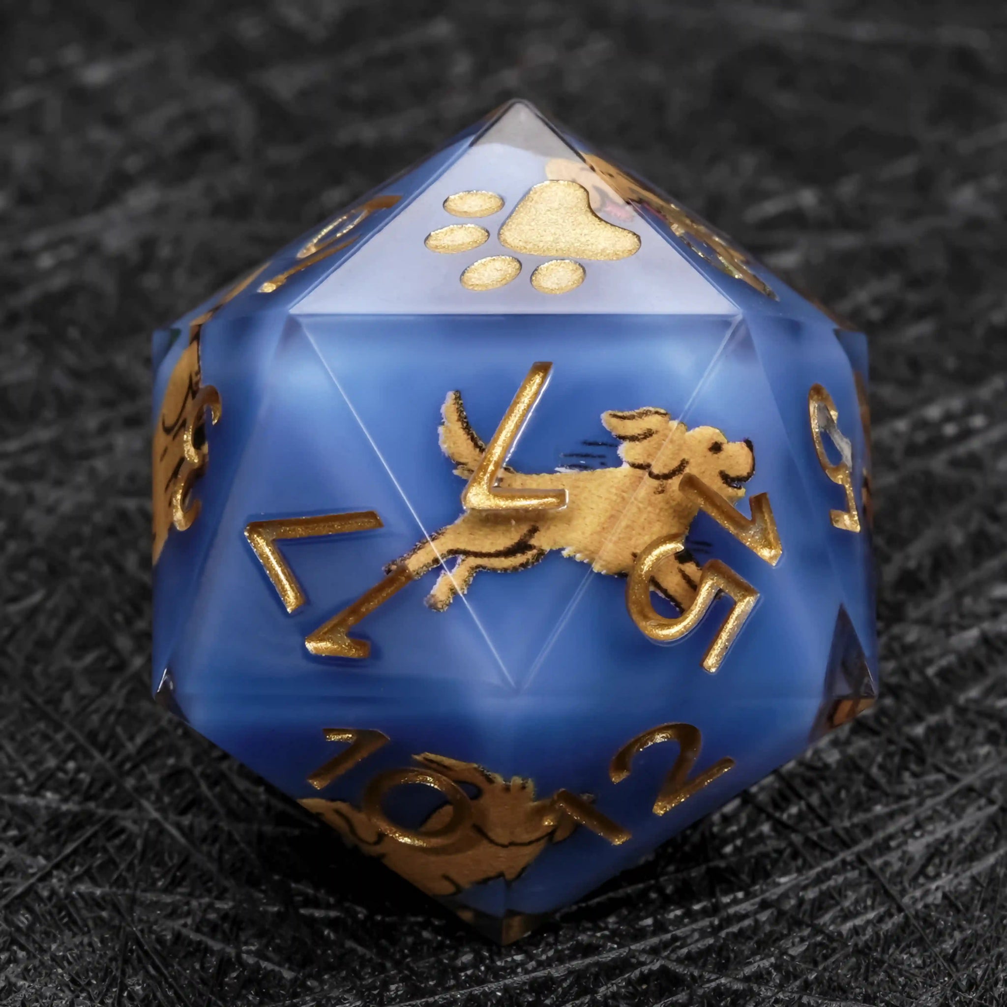 Kickstarter Dice – Blue Resin Golden Retriever DND D20 Dice with Gold Numbers | Bear Dice