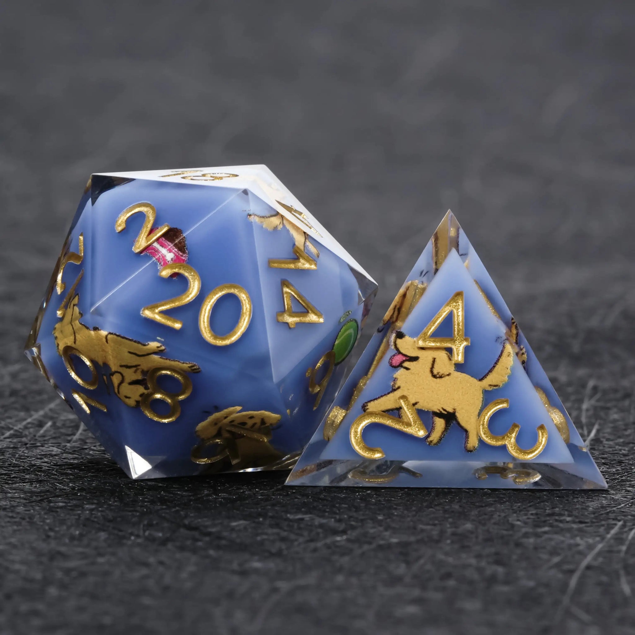 Kickstarter Dice – Blue Resin Golden Retriever DND D20 and D4 Dice | Bear Dice
