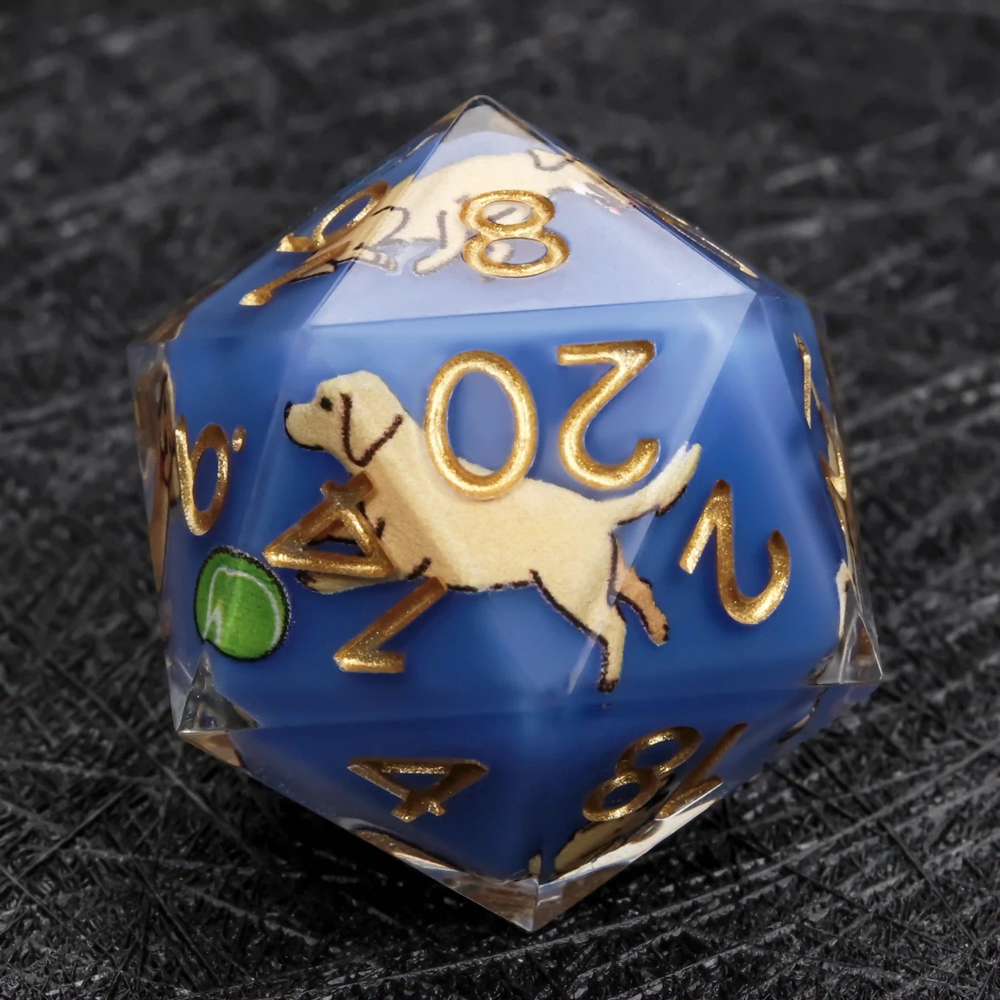 Kickstarter Dice – Blue Resin Labrador DND D20 Dice with Gold Numbers | Bear Dice