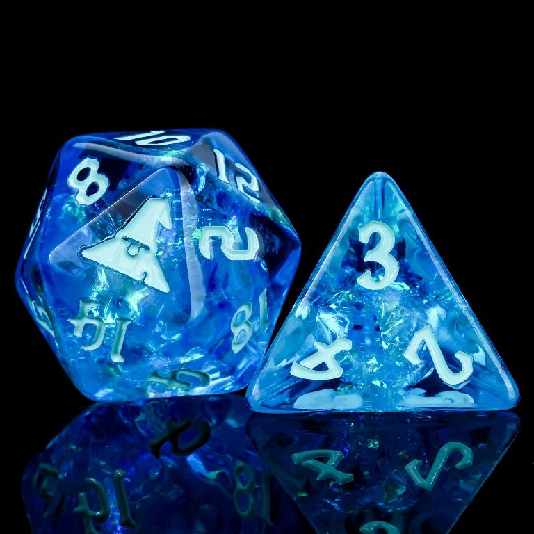 Kickstarter Trickster Dice - Blue Resin Witch DND D20 and D4 Dice, engraved with a witch design, blue numbers | Bear Dice