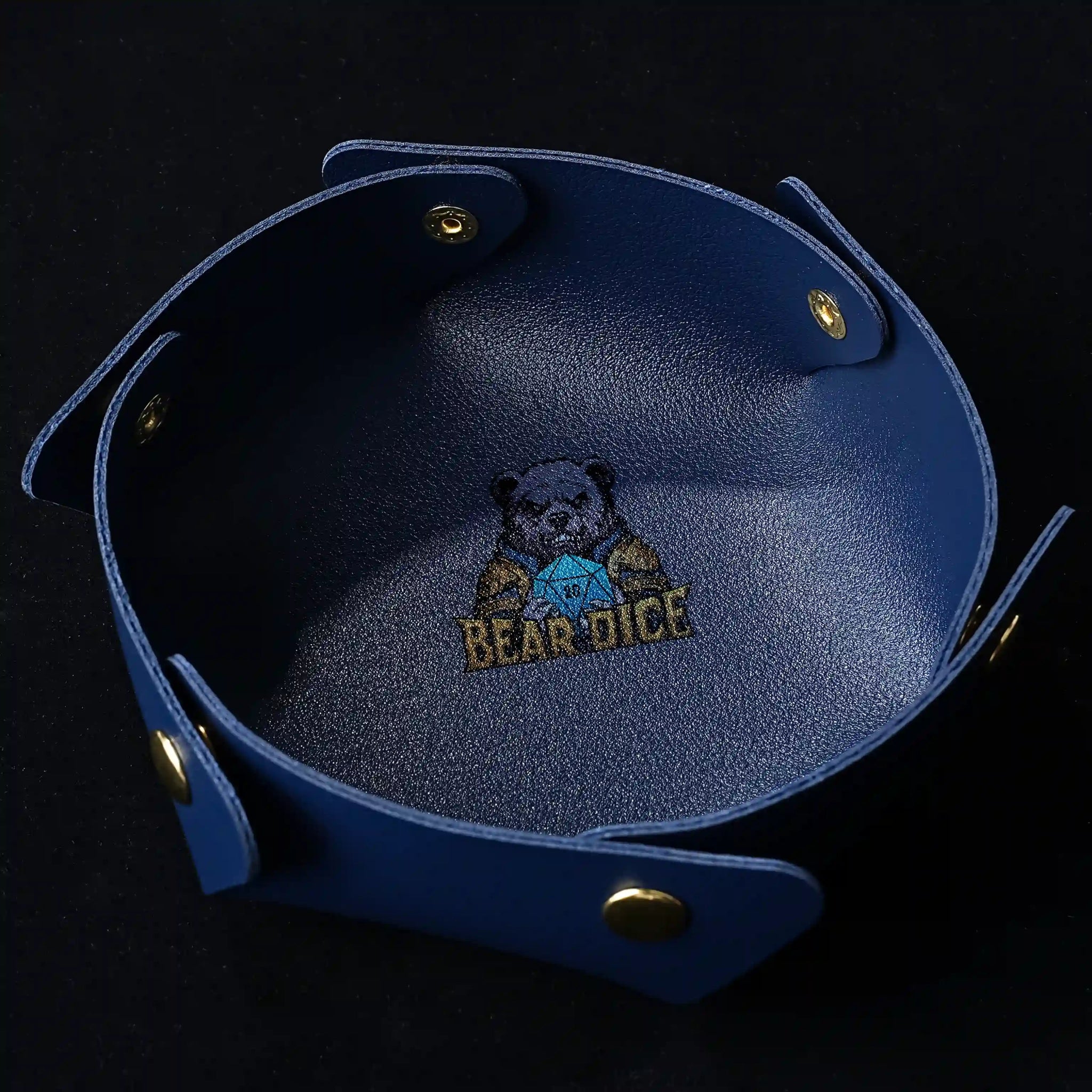 Blue snap-on semi-circular leather DND dice tray with Bear Dice logo | Bear Dice