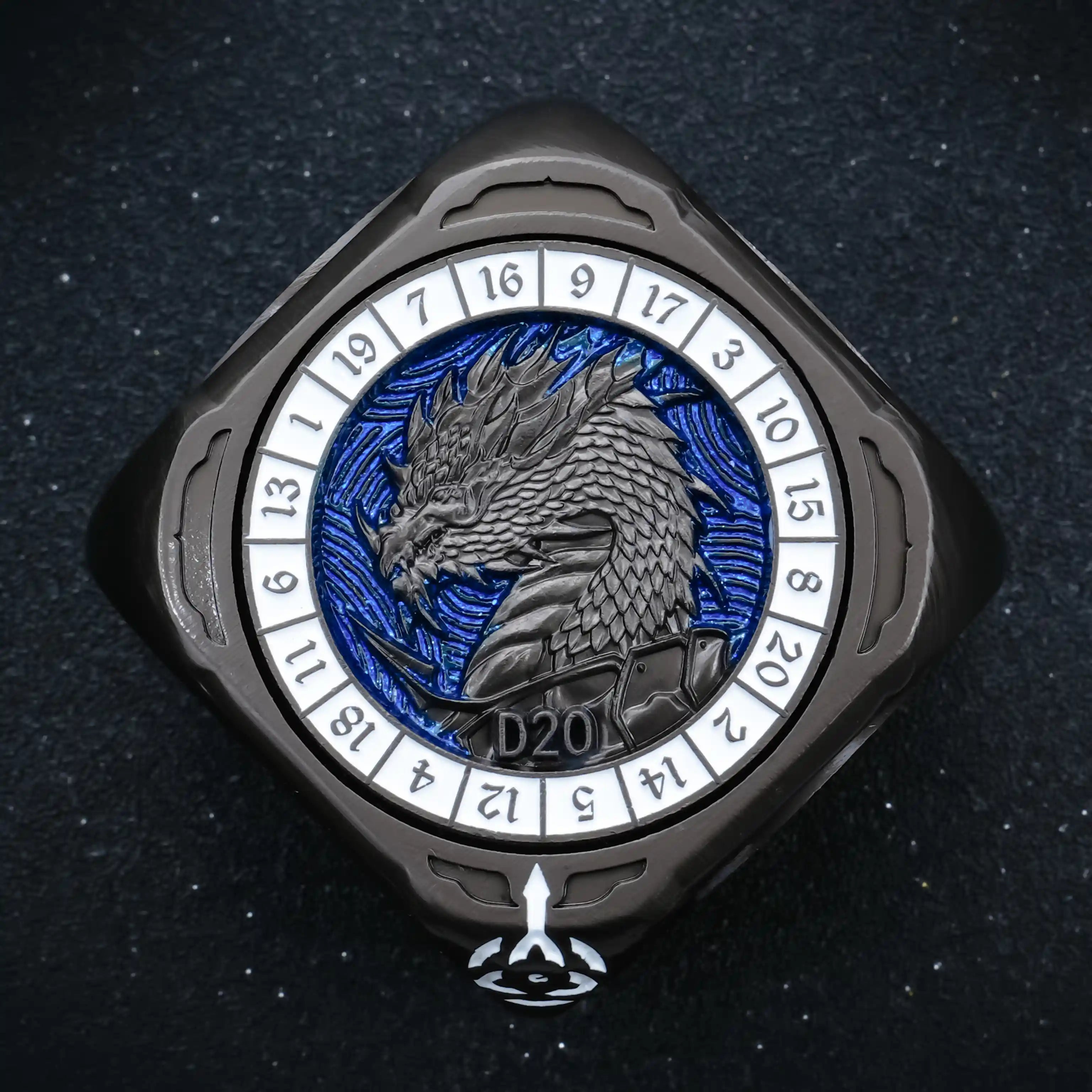 Blue and White 7-in-1 Unique Metal D6 Spinning Dice with a Pterodactyl Embossed on the D20 Dice Spinner | Bear Dice