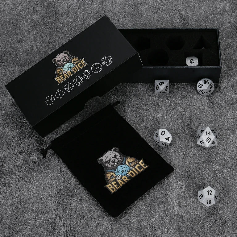 Paladin Bright Silver Metal D&D Dice Set with Black Numerals— Housed in a Foam-Lined Dice Box, Includes a Free Drawstring Dice Bag | Bear Dice