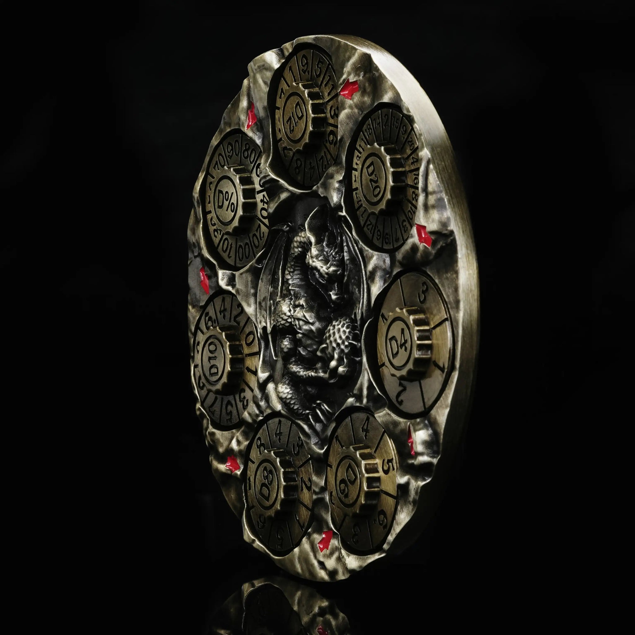 Unique Dice Spinner - Bronze 7-in-1 Metal 3D Embossed Dragon DND Spinner Side View | Bear Dice