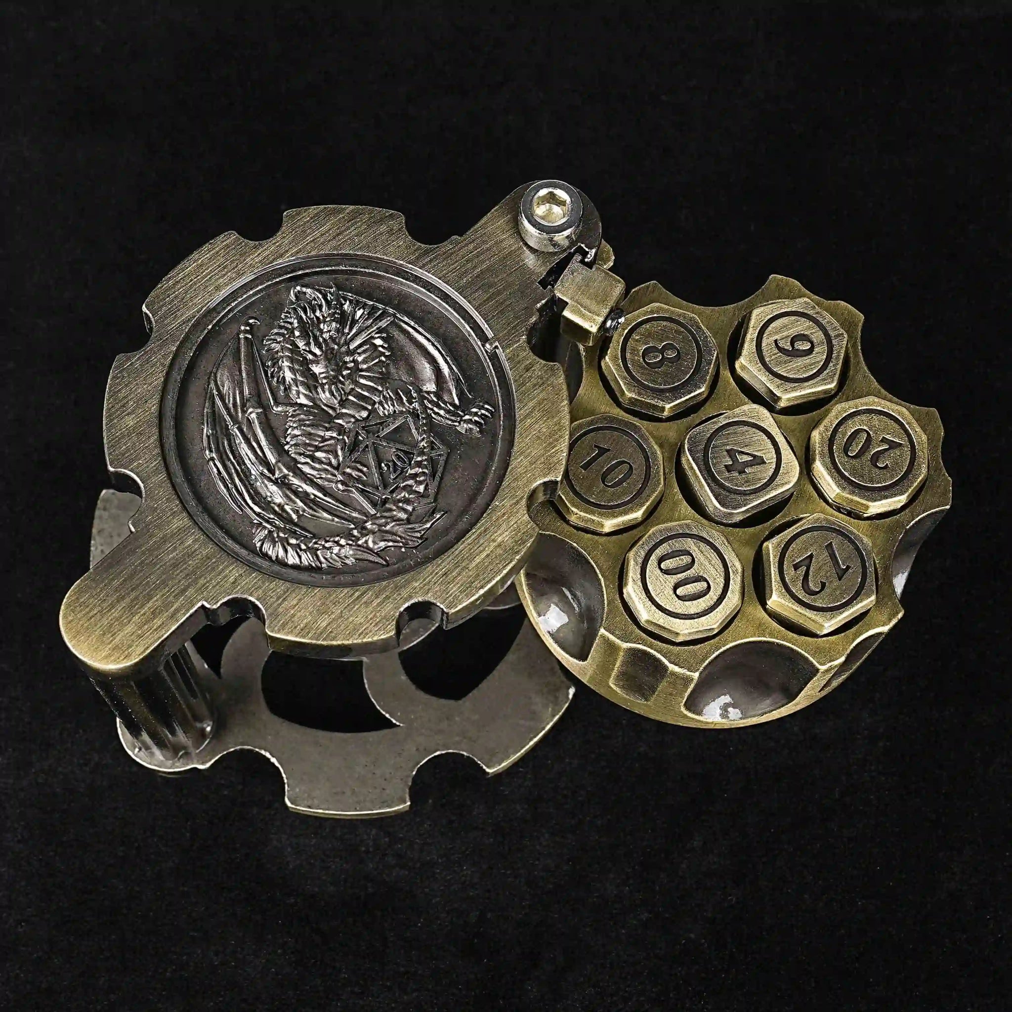 Unique DND Revolver Bullet Dice Set: Bronze Revolver Dice Rotating Magazine with 7 Bronze DND Bullet Dice | Bear Dice