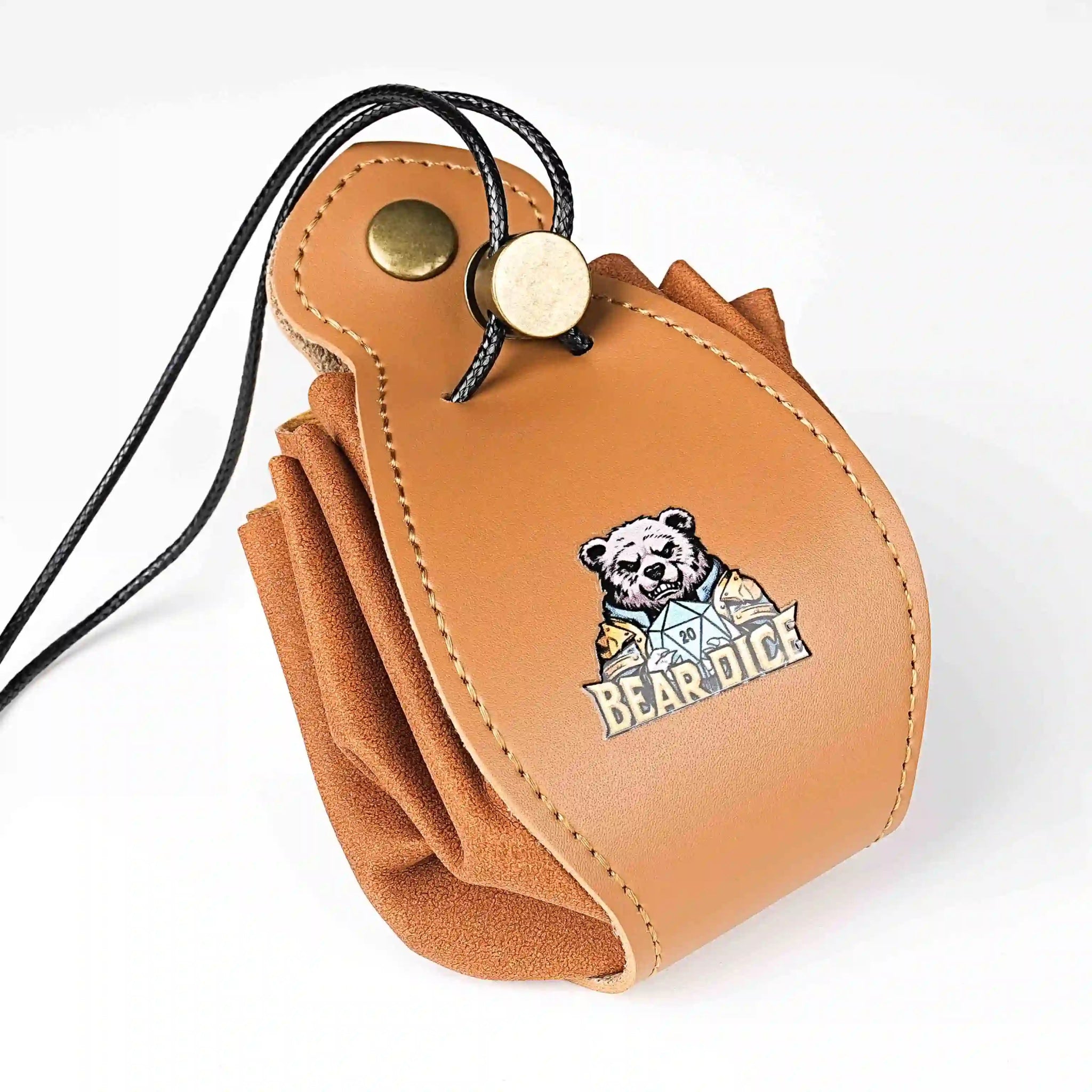 Brown leather DND drawstring dice bag with button closure and printed Bear Dice logo | Bear Dice