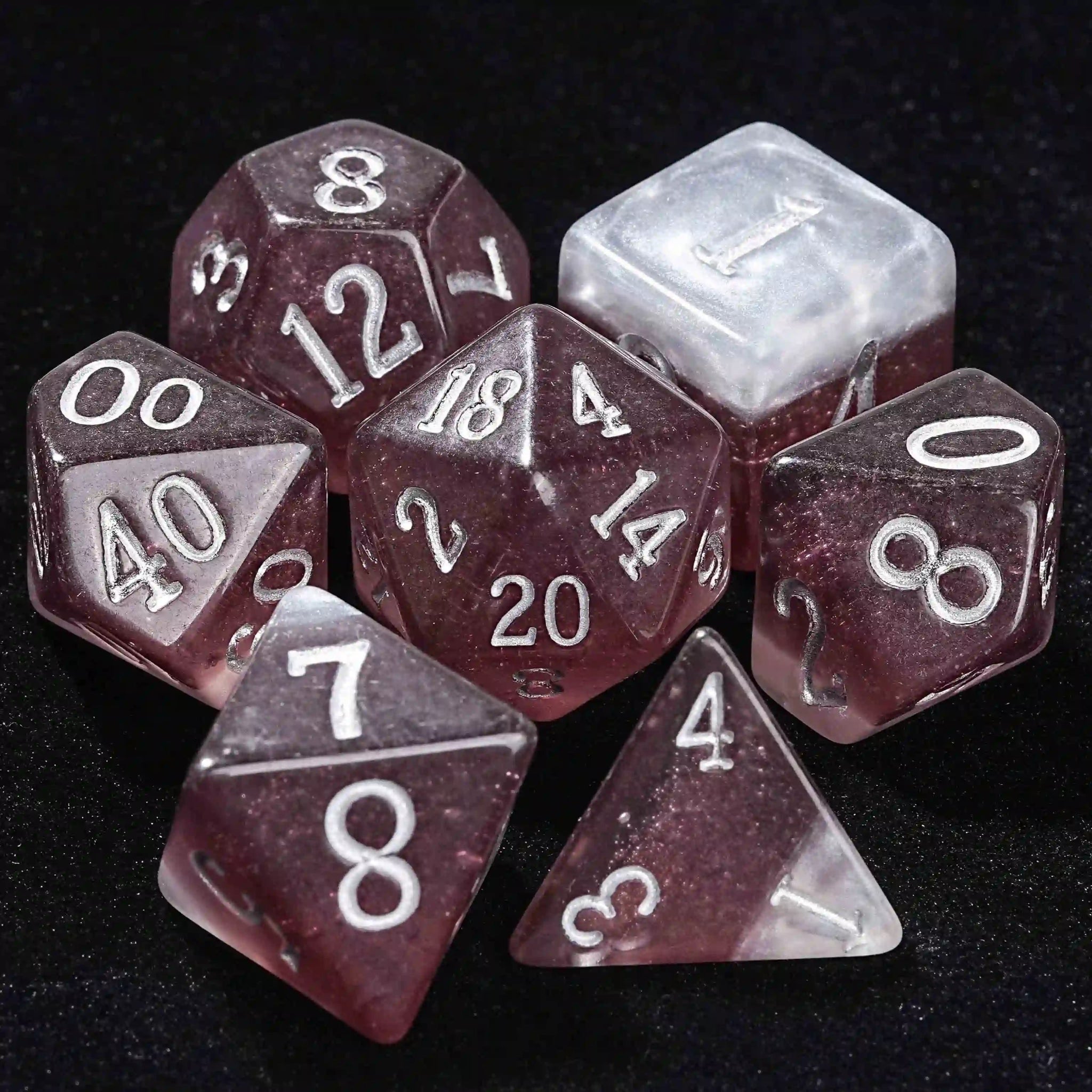 Brownish-red polyhedron dnd dark beer dice set with silver numbers (D4, D6, D8, D10, D%, D12, D20) | Bear Dice