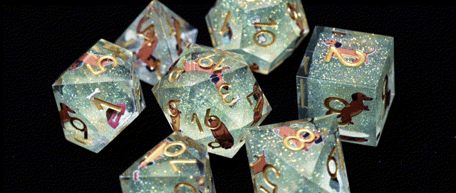 Animated GIF of the Canine Legends Dachshund Resin DND Dice Set—sharp-edged polyhedral dice featuring green glitter and embedded Dachshund decals.