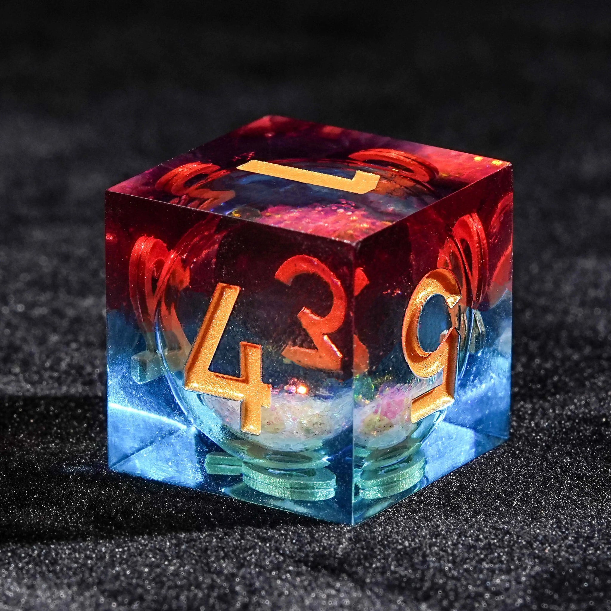 Colorful glitter resin liquid core DND D6 dice with gold font | Bear Dice
