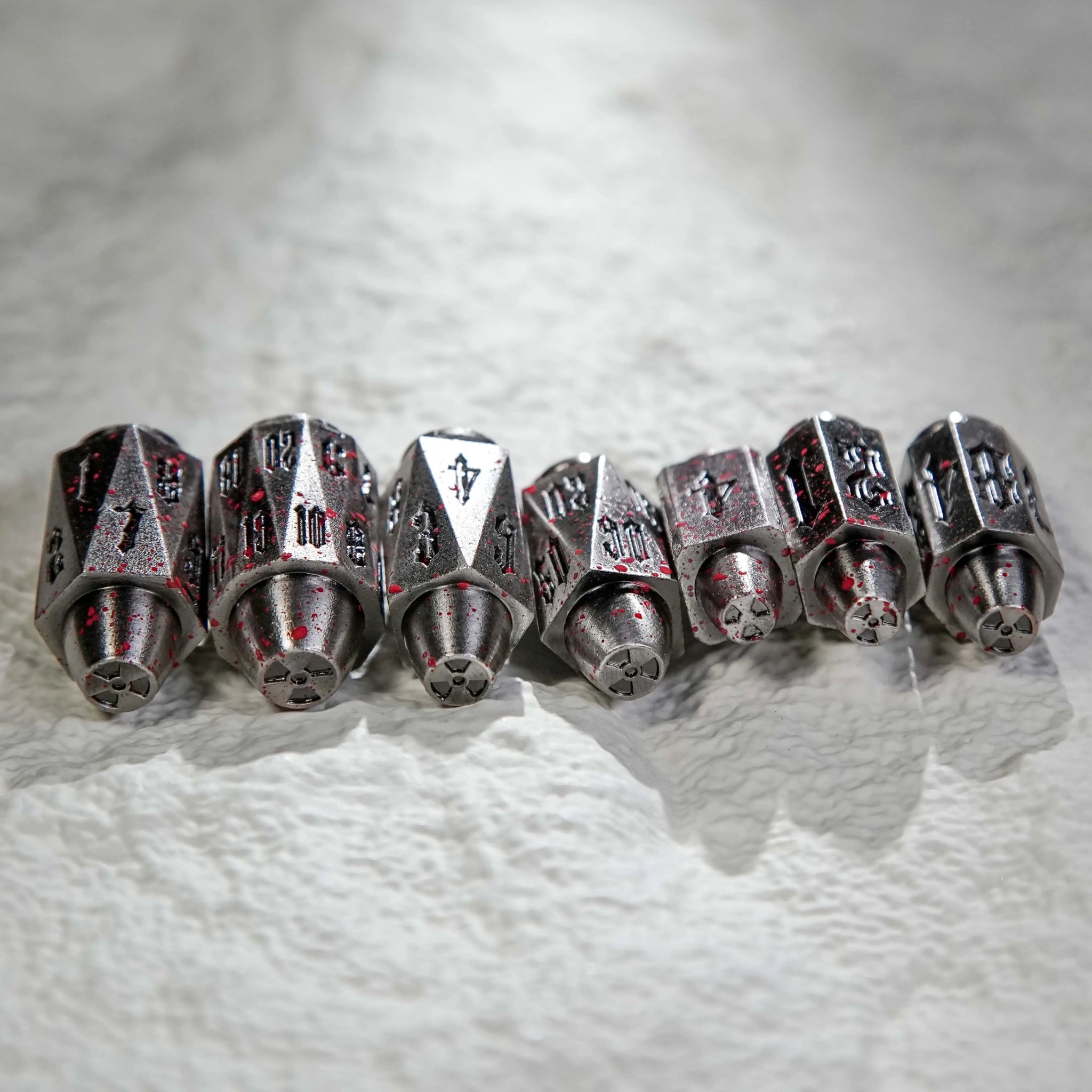 Cool bloodstained polyhedron DND metal bullet dice set, Umbrella logo bullet dice set | Bear Dice