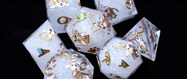 Animated GIF of Legendary Corgi Resin DND Dice Set, sharp-edged polyhedral dice with clear glitter base and embedded cute Corgi dog figurines, ideal for Dungeons & Dragons and tabletop RPGs.