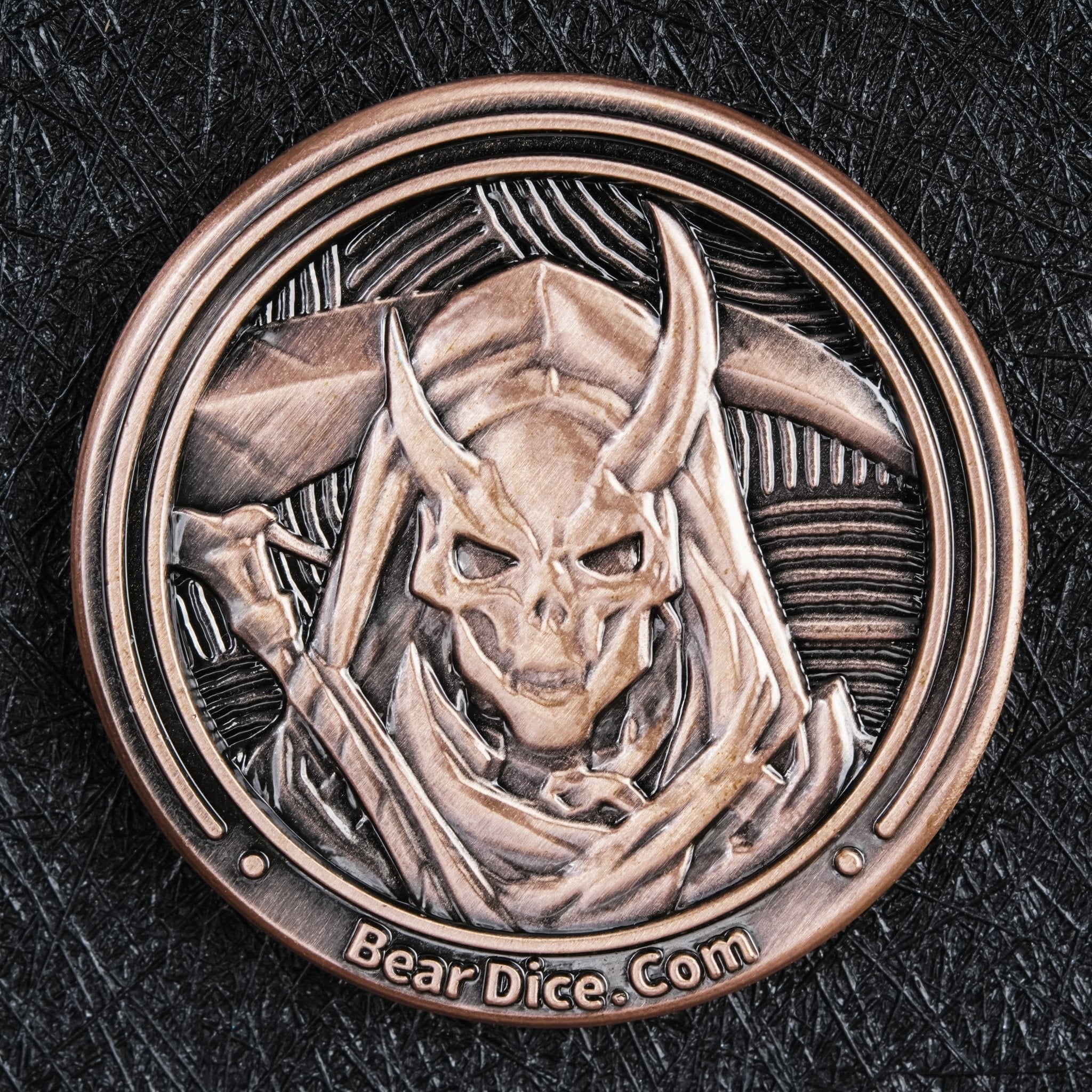 Custom Role-Playing Game Accessories - Custom Antique Copper Scythe Reaper Coin with Lace Edges | Bear Dice