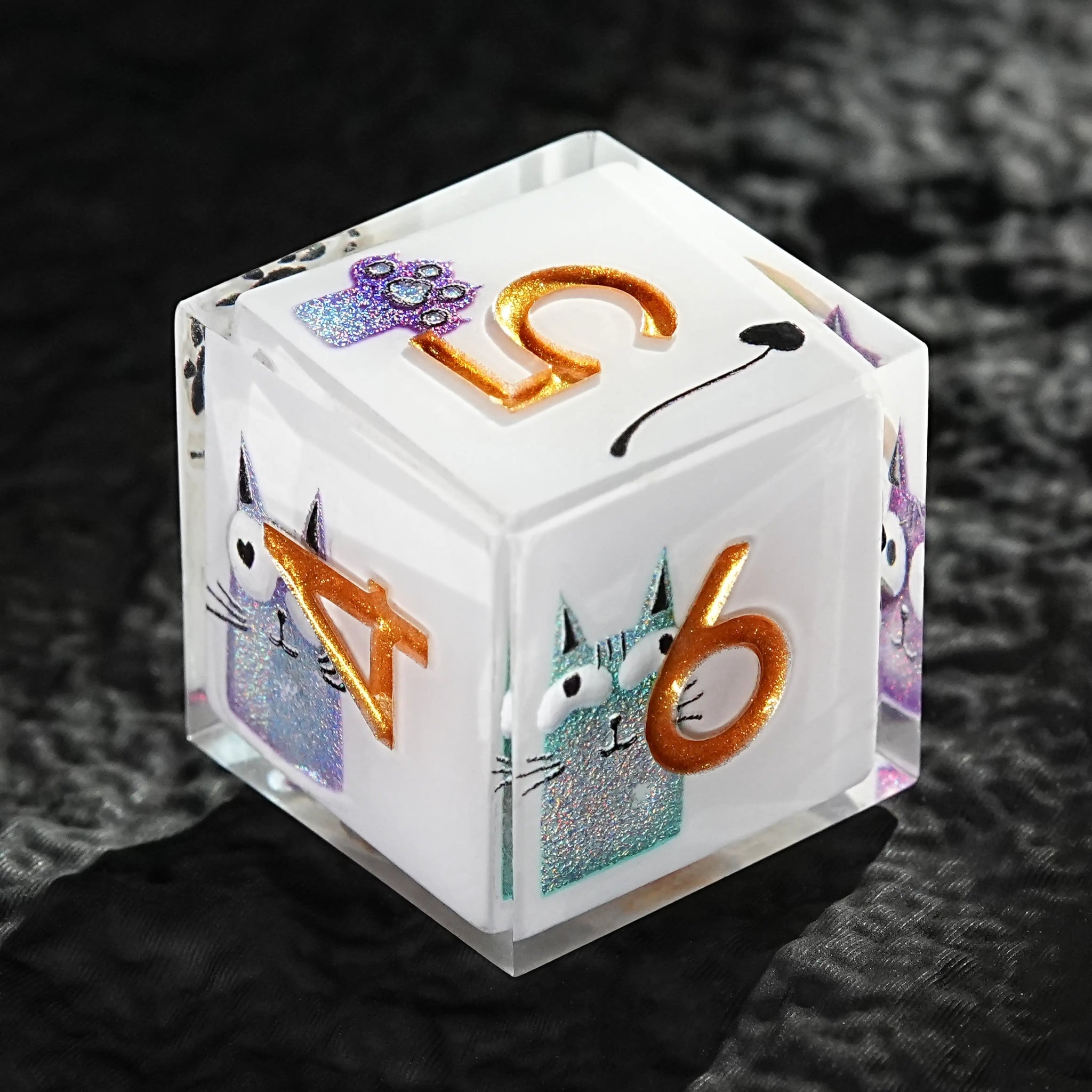 Custom DND polyhedral sticker dice, white transparent resin D6 dice with various cute cartoon cat stickers, engraved gold numbers, personalized dice gift | Bear Dice