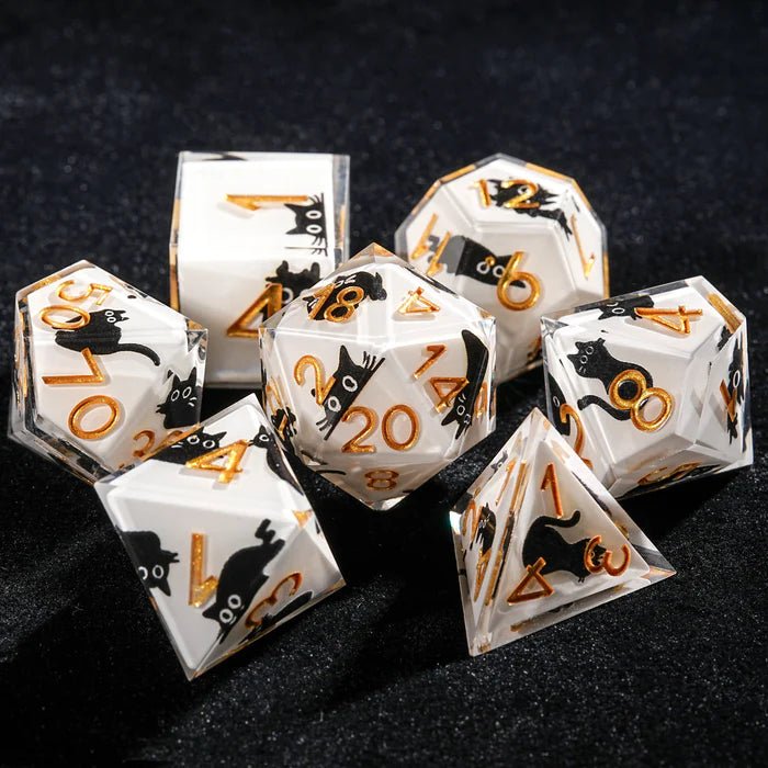Custom DND polyhedron sticker dice set, featuring white transparent resin dice with various cute black cat stickers | Bear Dice