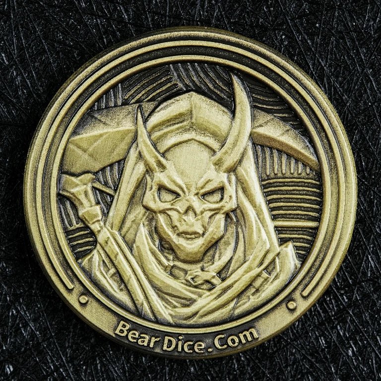 Custom Role-Playing Game Accessories - Custom Lace-Up Reaper Scythe Gold Coin | Bear Dice